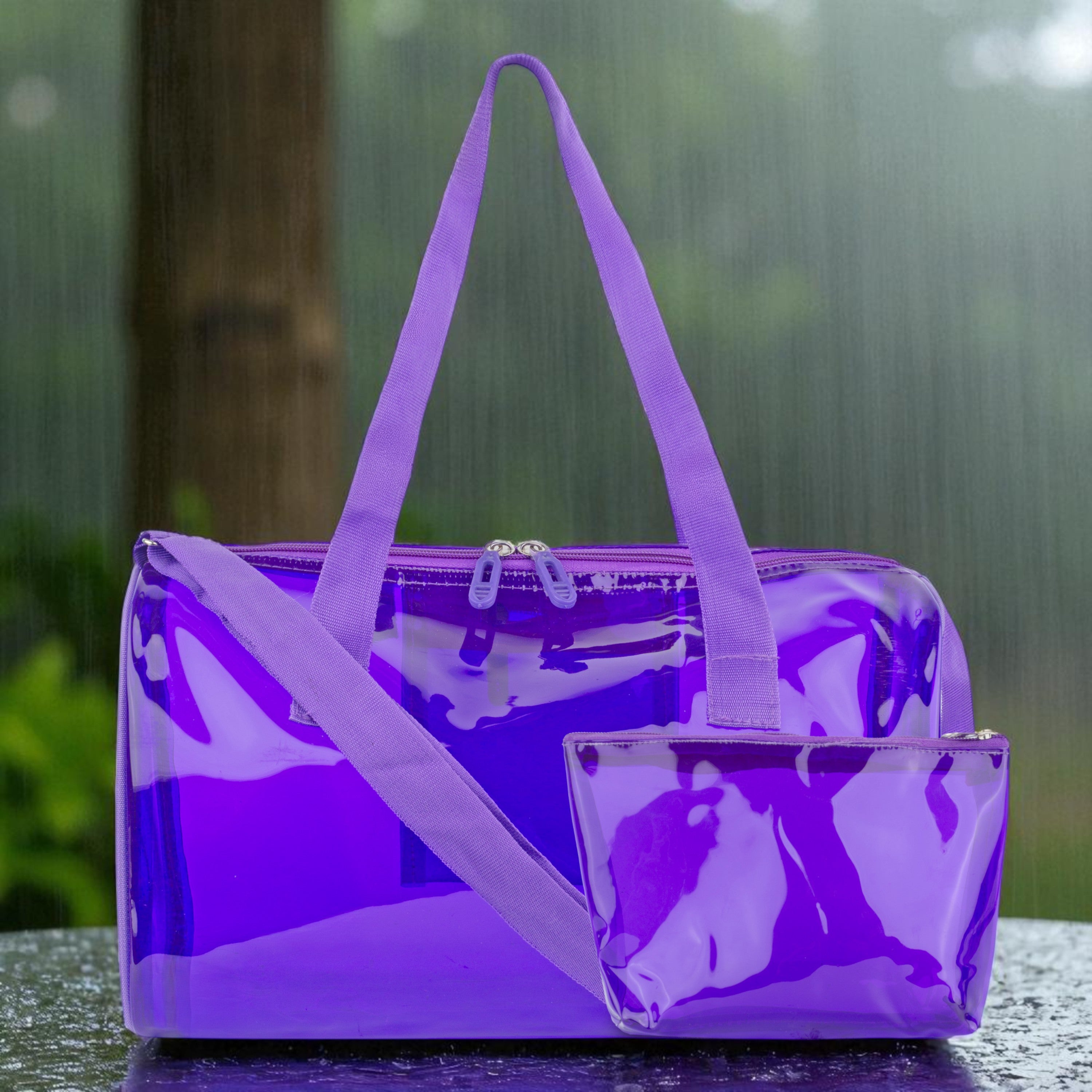 Echo Boomers Bold Blue Transparent Jelly Duffle Bag with Matching Pouch | 50 GSM Waterproof PVC Travel Gym Tote | Lightweight Shoulder Handbag for Women, Girls, College, Sports & Weekend Trips