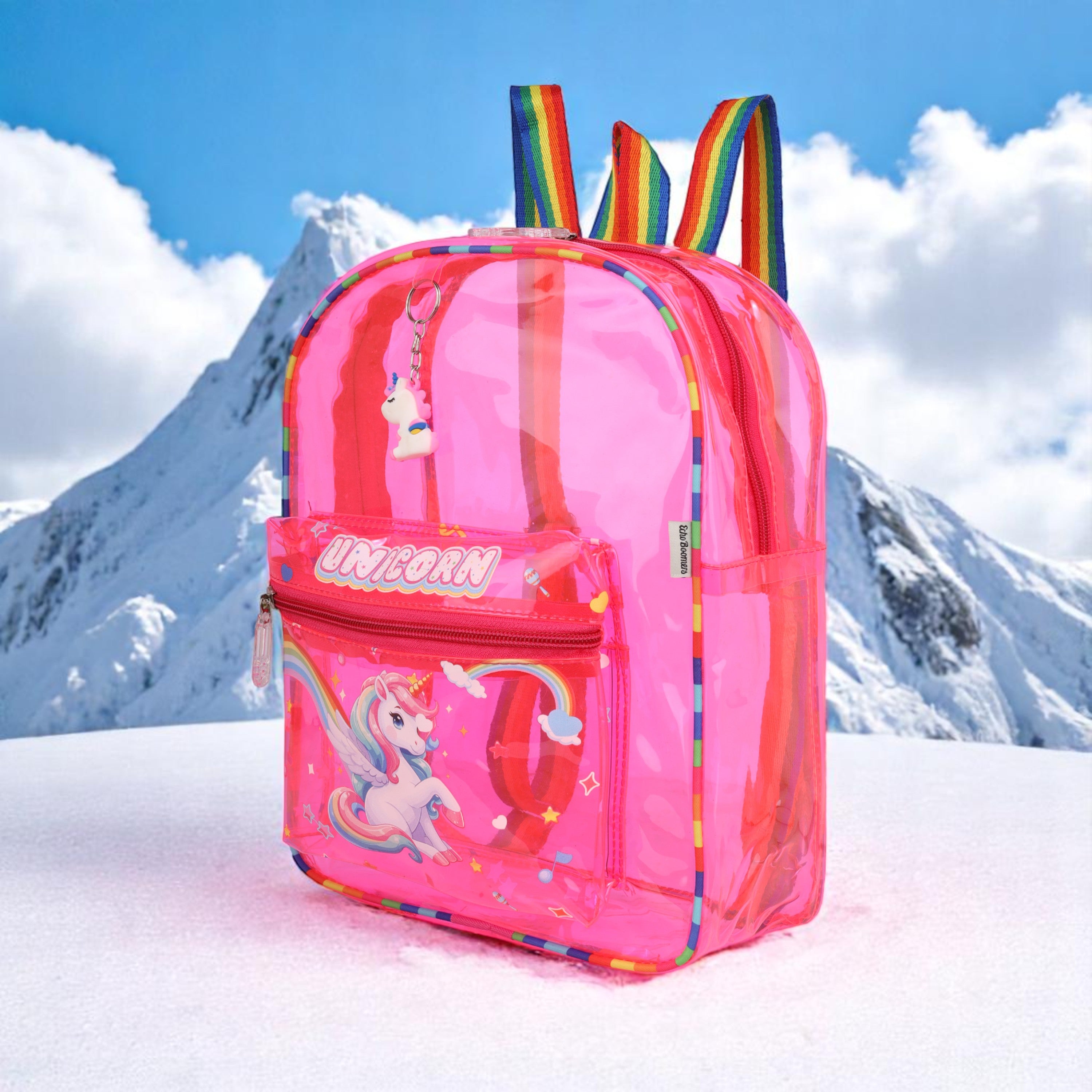 Echo Boomers Pink Jelly Backpack  Stylish, Lightweight & Durable with Unicorn Print, “Unicorn” Text, Transparent Soft Plastic, Adjustable Straps, Sturdy Handle, Premium Zipper & Versatile Design for School and Play.