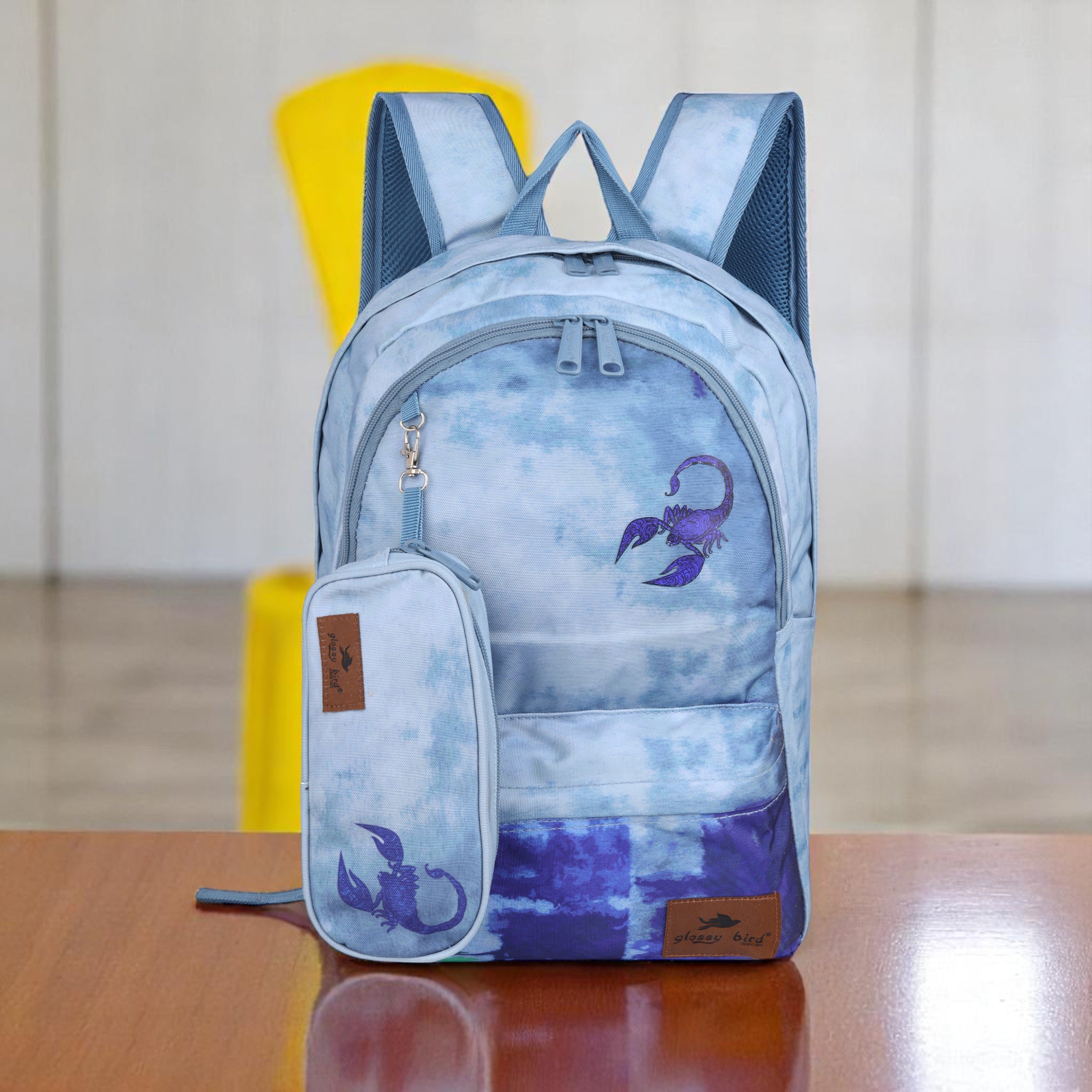 Echo Boomers Glossy Bird Backpack – Water-Resistant Stylish Bag with 3 Compartments, Bottle Holder, Detachable Pouch & Padded Straps – School & Travel Bag (AQUA)