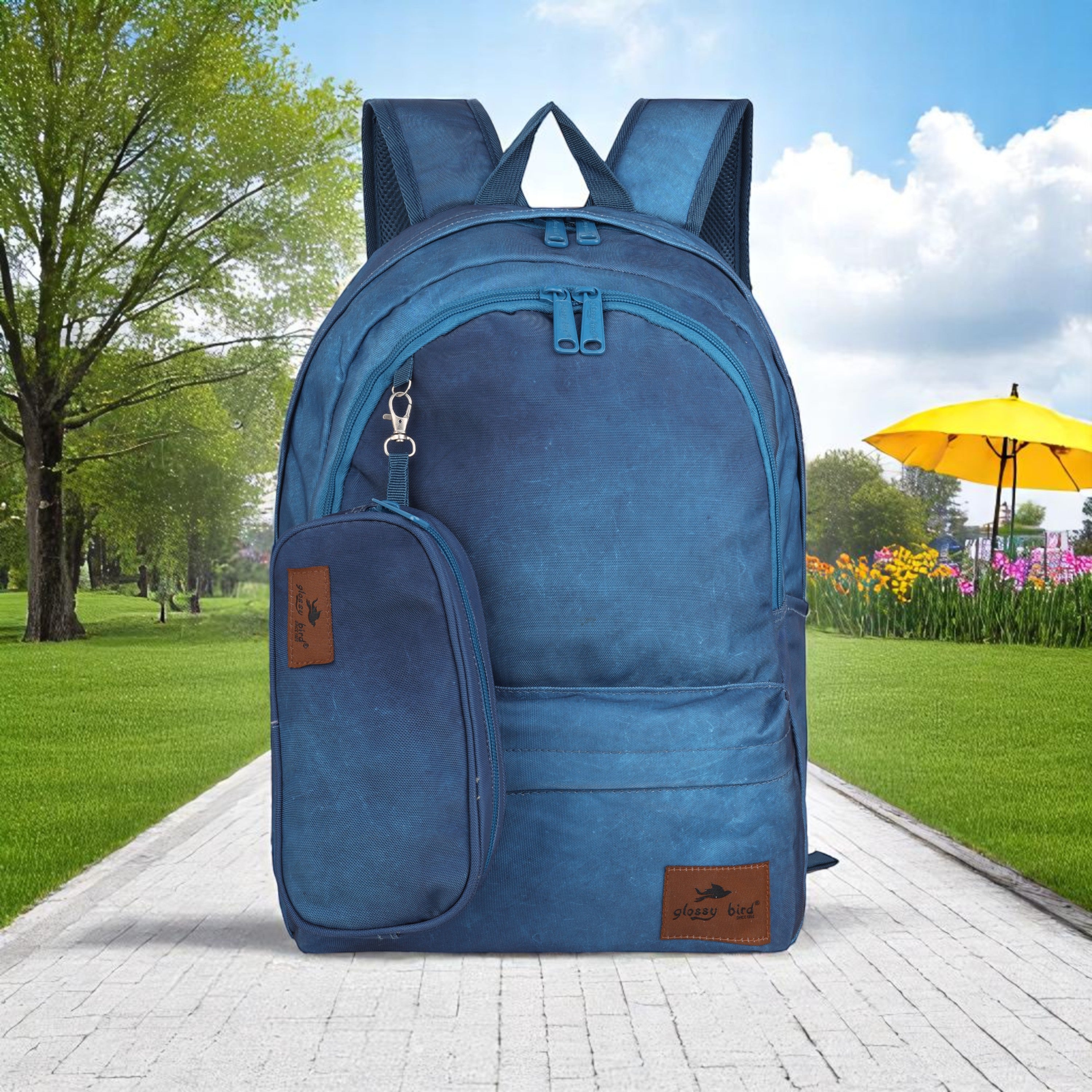 Echo Boomers Glossy Bird Backpack by Echo Boomers – Water-Resistant Bag with 3 Compartments, Bottle Holder, Padded Straps & Detachable Pouch – Ideal for School & Travel (Blue)
