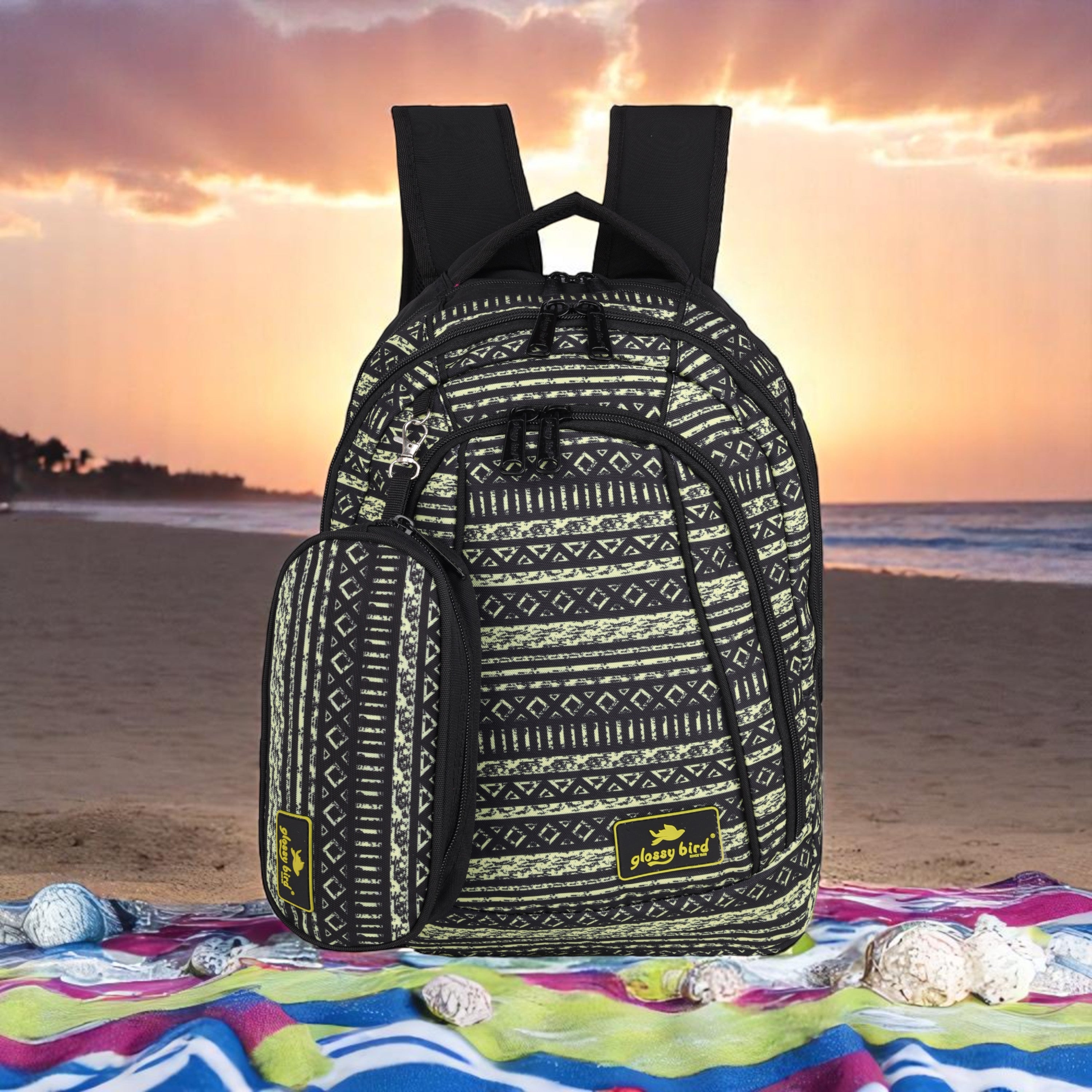 Echo Boomers Glossy Bird Unisex Backpack for School, Office & Travel – Water-Resistant, Lightweight Bag with 4 Compartments, Bottle Holder, Detachable Pouch & Ergonomic Straps (Purple)