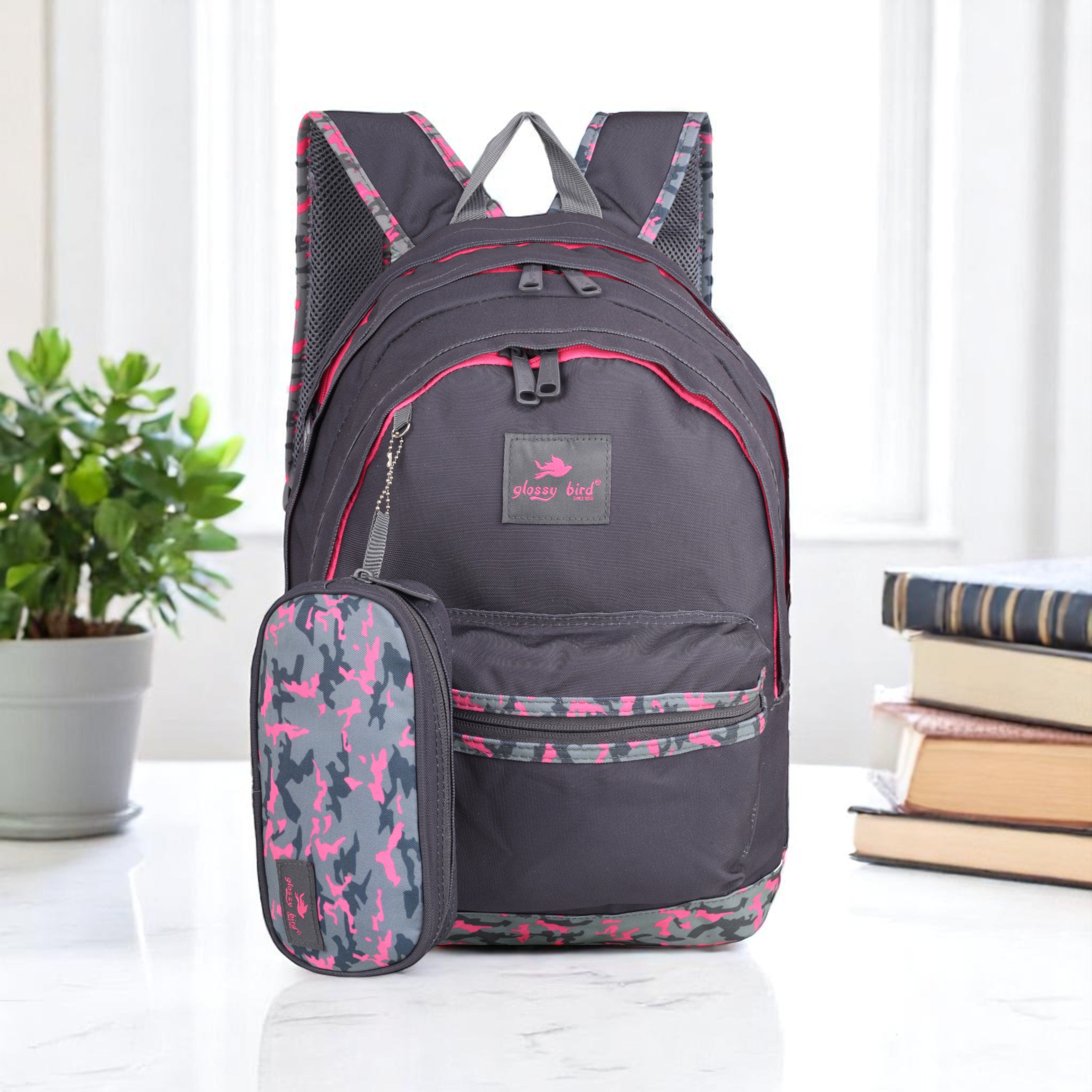 Echo Boomers Glossy Bird Backpack (PURPLE) – Water-Resistant School, Travel & Office Bag for Men & Women with Detachable Pouch, Padded Straps, Multi-Pockets & Reflective Strips