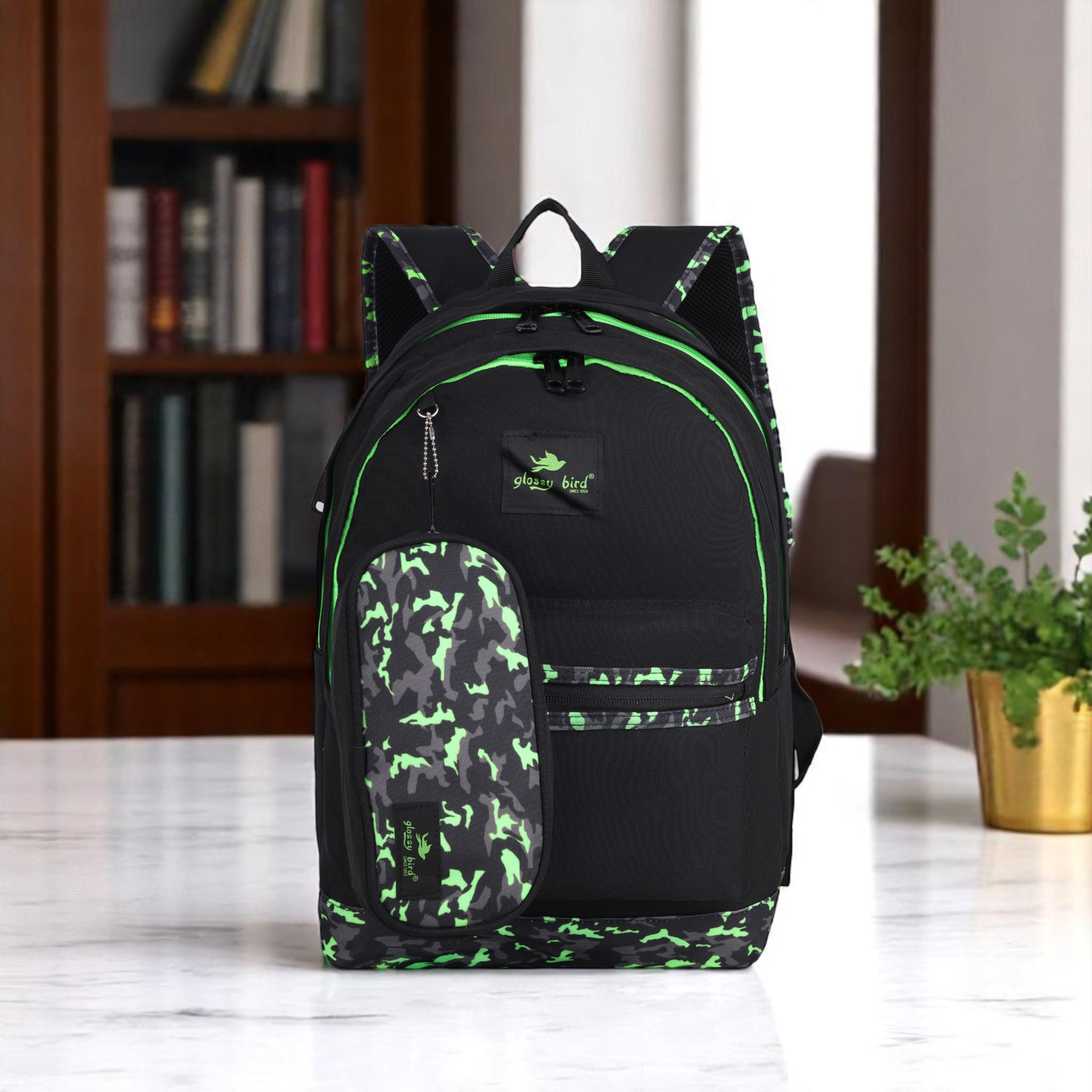 Echo Boomers Glossy Bird Backpack (PURPLE) – Water-Resistant School, Travel & Office Bag for Men & Women with Detachable Pouch, Padded Straps, Multi-Pockets & Reflective Strips