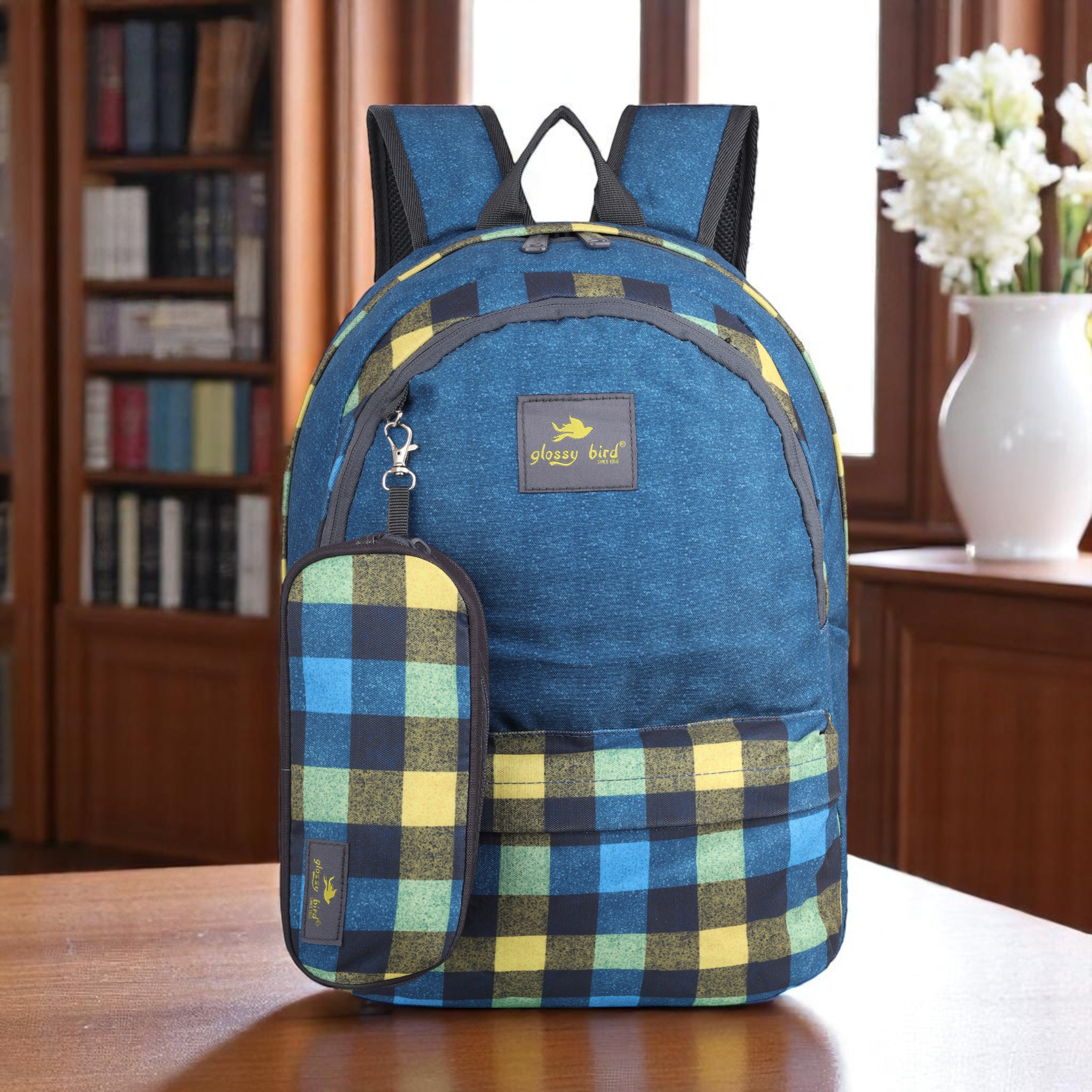 Echo Boomers Glossy Bird 21L Unisex Backpack with Pouch – Stylish Check Design, 3 Compartments, Front Pocket, Bottle Holder – Water-Resistant School, Travel, Office Bag (Yellow