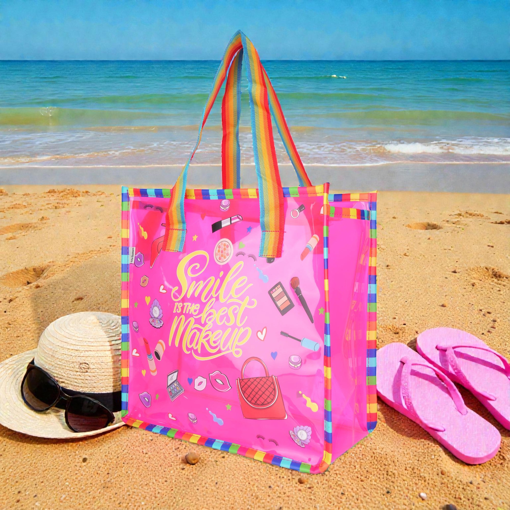 Echo Boomers Jelly Green Transparent Tote Bag for Girls & Boys | UV Printed Let’s Travel Design | Waterproof PVC Handbag | Lightweight Shopping, Outdoor, Beach & Swimming Carry Bag