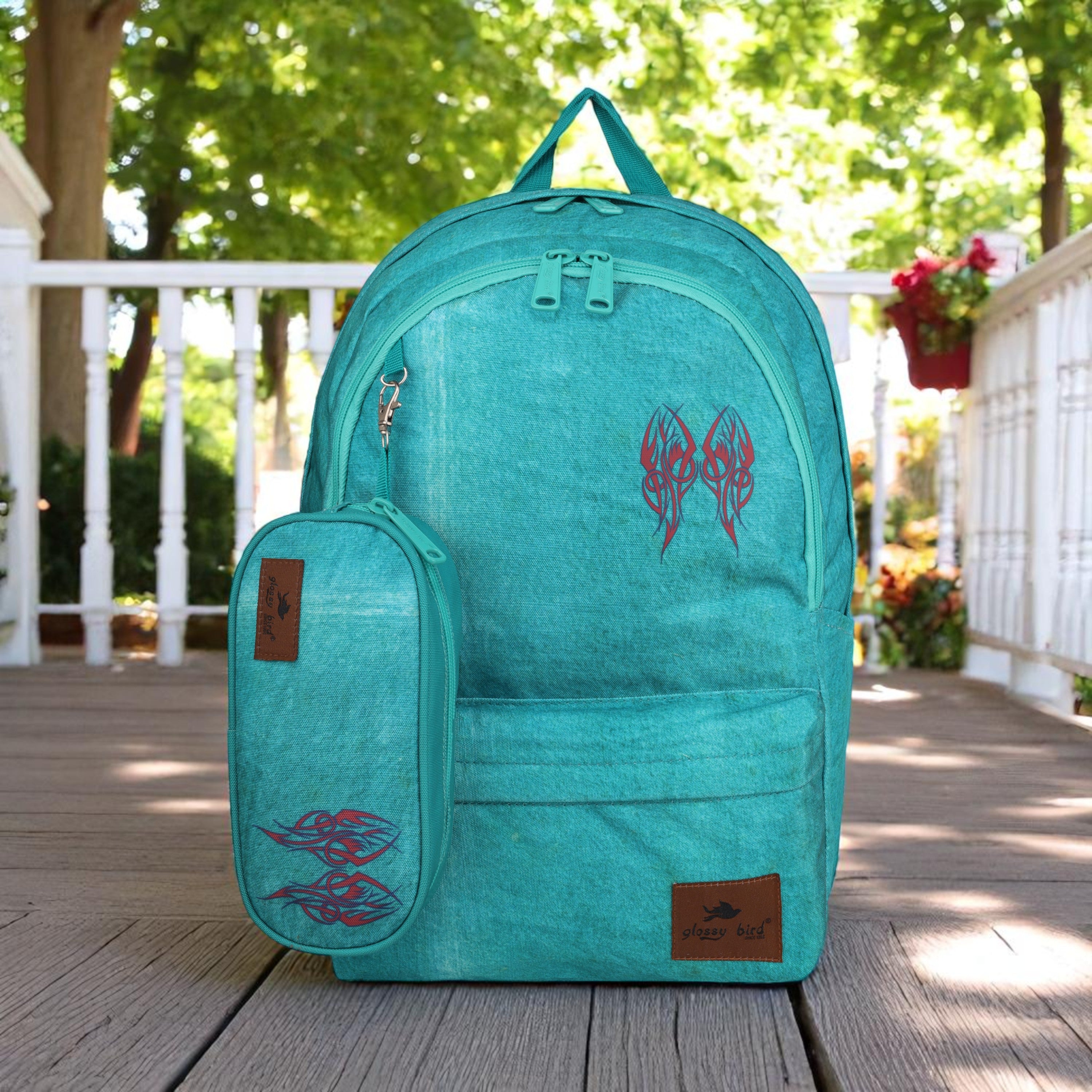 Echo Boomers Glossy Bird Backpack – Water-Resistant Stylish Bag with 3 Compartments, Bottle Holder, Detachable Pouch & Padded Straps – School & Travel Bag (AQUA)
