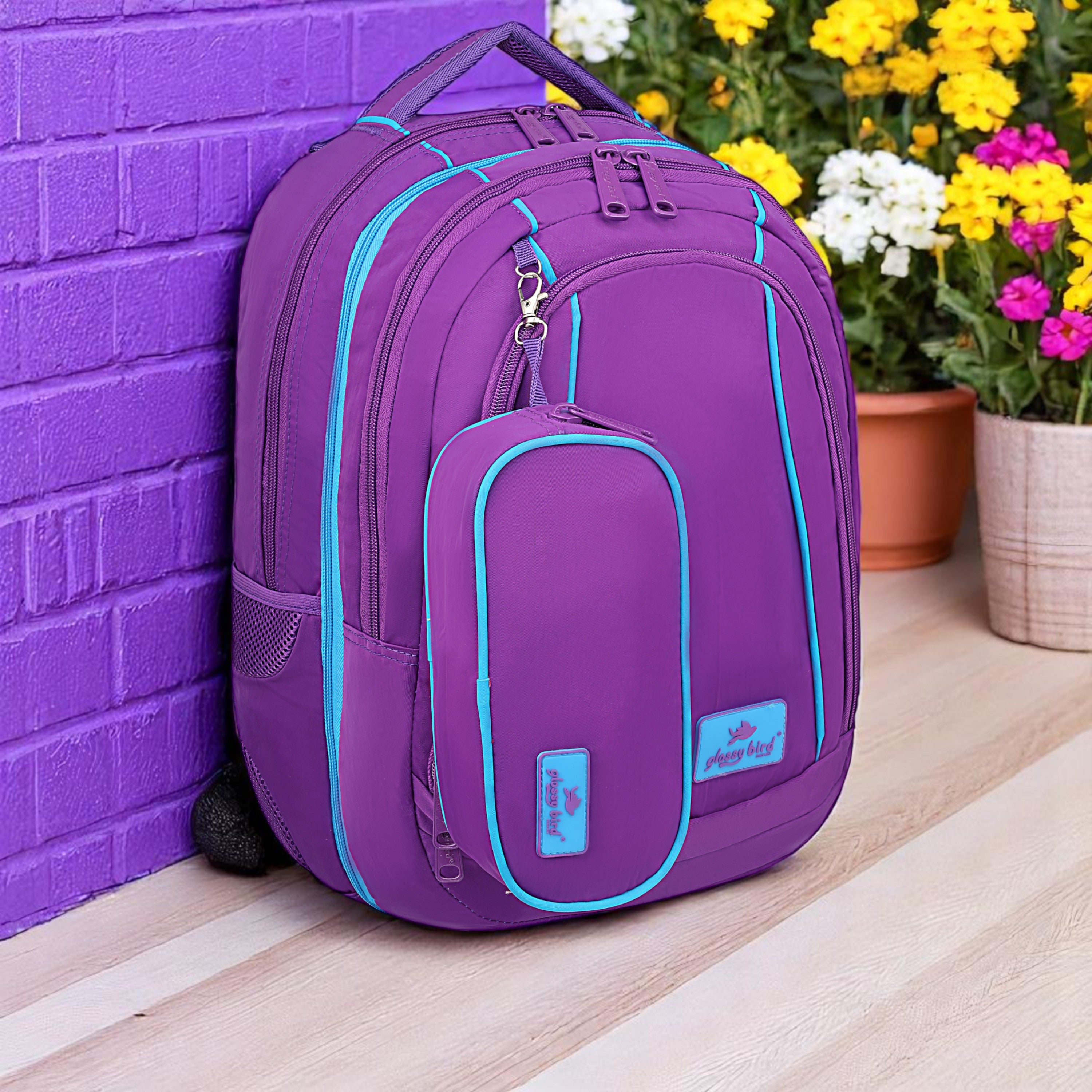 Echo Boomers Glossy Bird Backpack (PINK) – Water-Resistant Unisex Bag with 4 Compartments, Detachable Pouch, Bottle Holder & Padded Straps – School, College, Work & Travel Bag