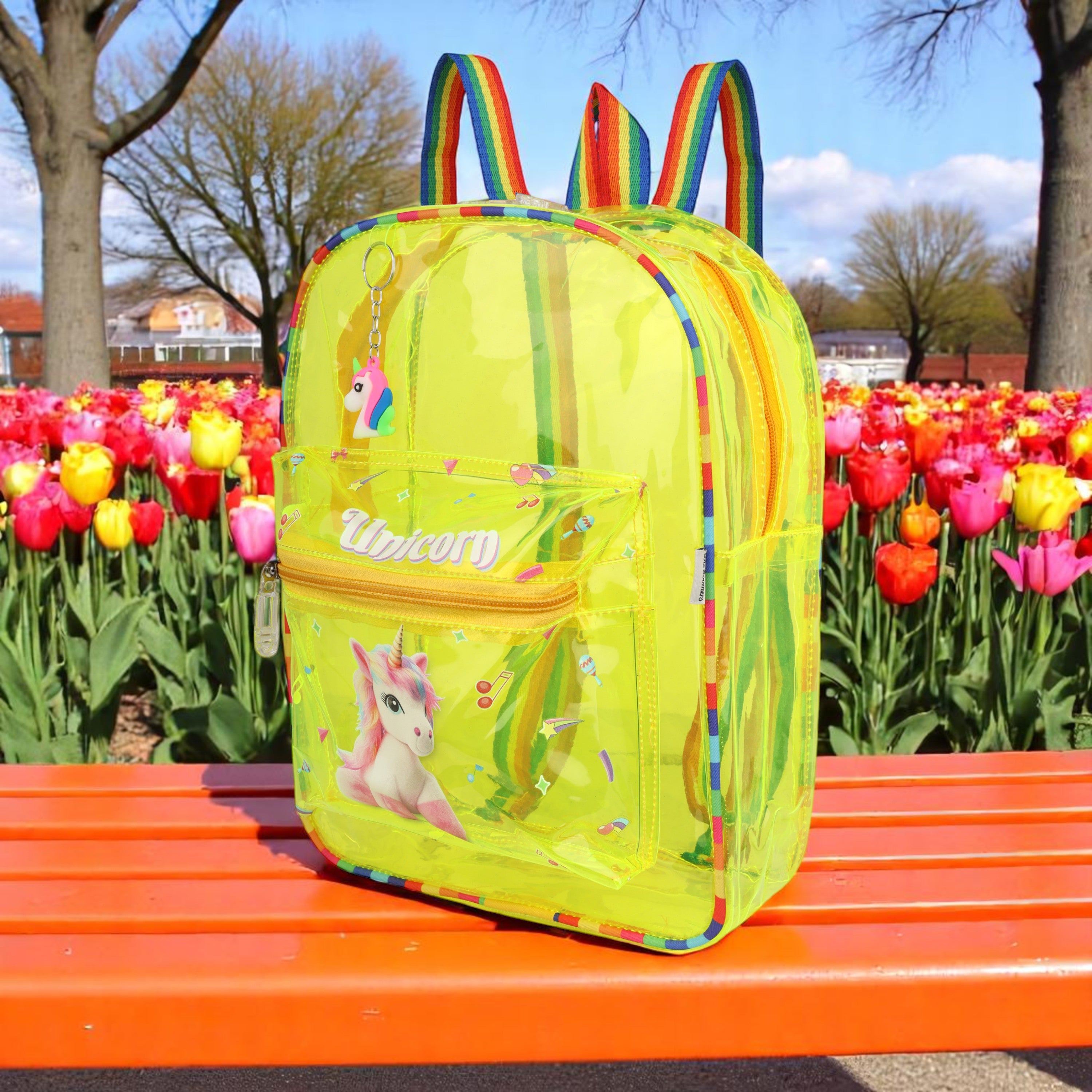 Echo Boomers Yellow Jelly Backpack Stylish, Lightweight & Durable with Unicorn Print, “Unicorn” Text, Transparent Soft Plastic, Adjustable Straps, Sturdy Handle, Premium Zipper & Versatile Design for School and Play.