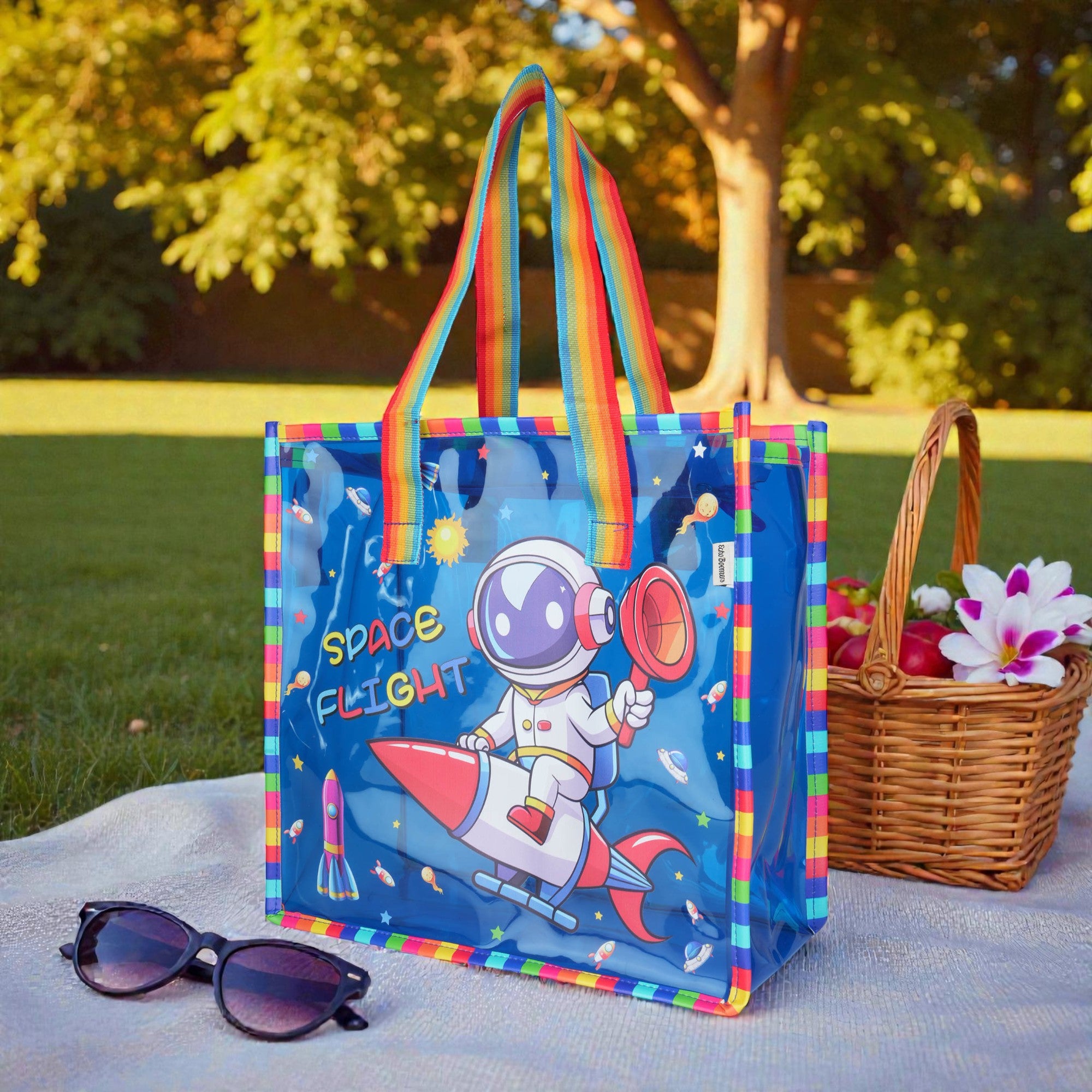 Echo Boomers Jelly Green Transparent Tote Bag for Girls & Boys | UV Printed Let’s Travel Design | Waterproof PVC Handbag | Lightweight Shopping, Outdoor, Beach & Swimming Carry Bag