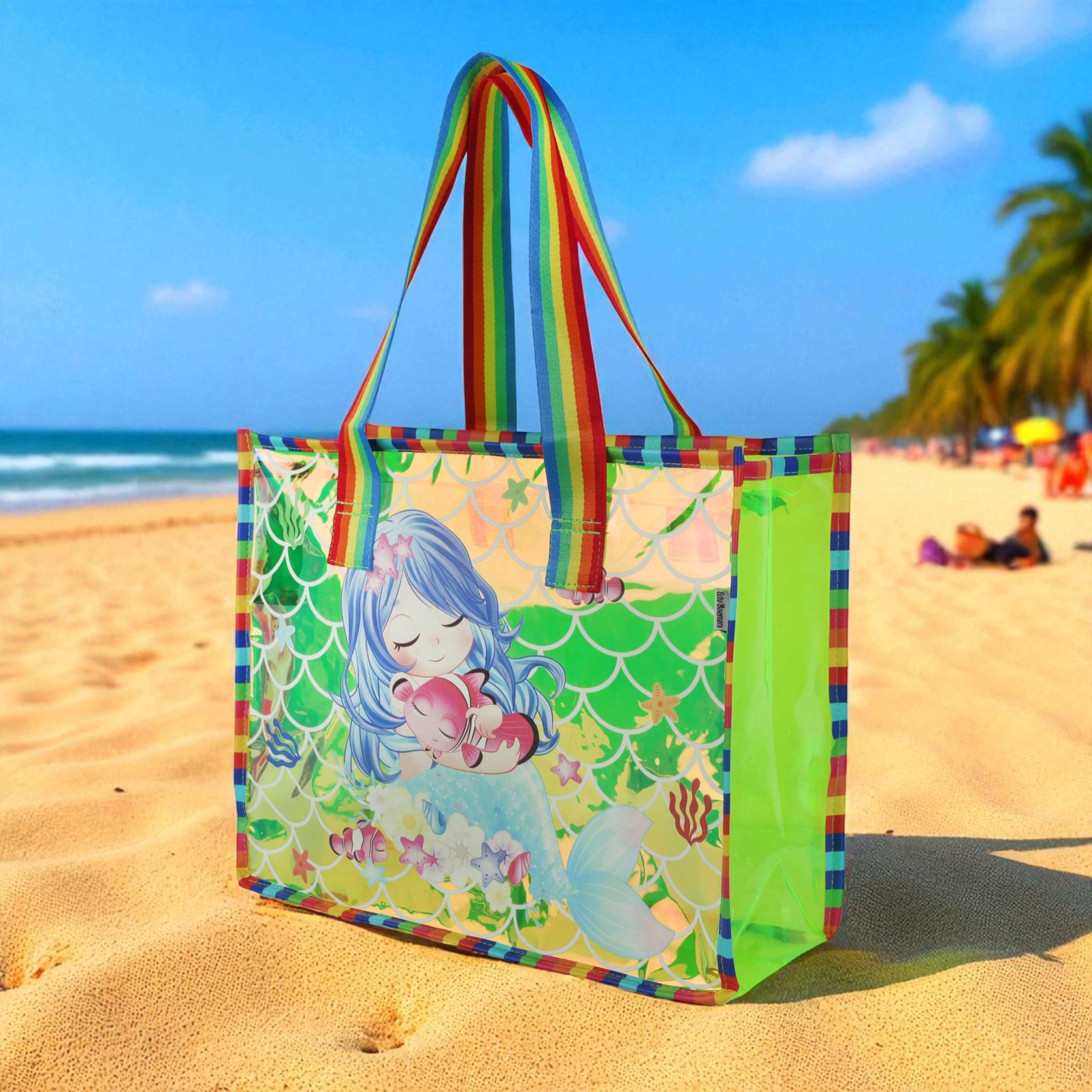 Echo Boomers Cute Mermaid,Magical Unicorn Wings,Astronaut, Stylish Cat,Cute Love Unicorn Transparent 50 GsmTote Bag – Rainbow Handles | Spacious, Durable & Stylish PVC Bag
