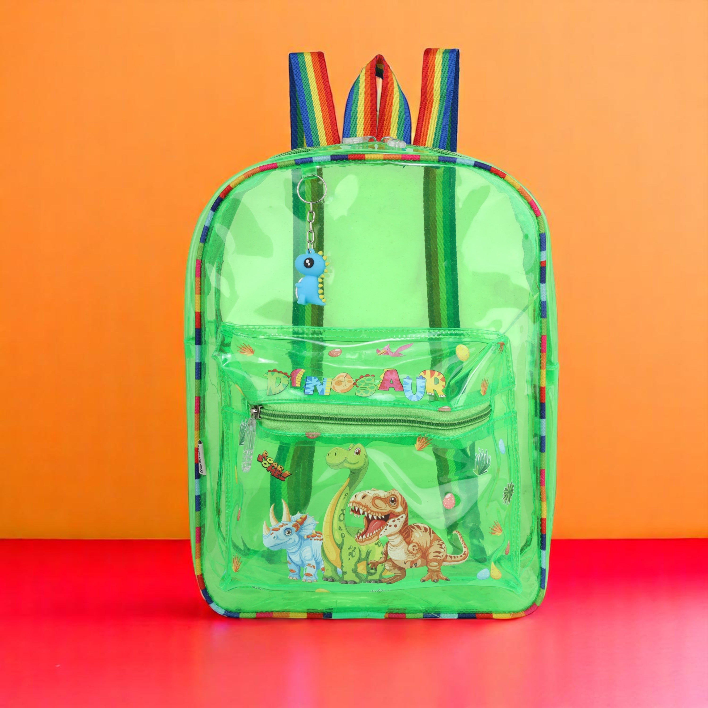 Echo Boomers Green Jelly Backpack Stylish, Lightweight & Durable with Dinosaur Print & “Dinosaur” Text, Transparent Soft Plastic, Adjustable Straps, Sturdy Handle, Premium Zipper & Versatile Design for School, Play & Everyday Adventures.