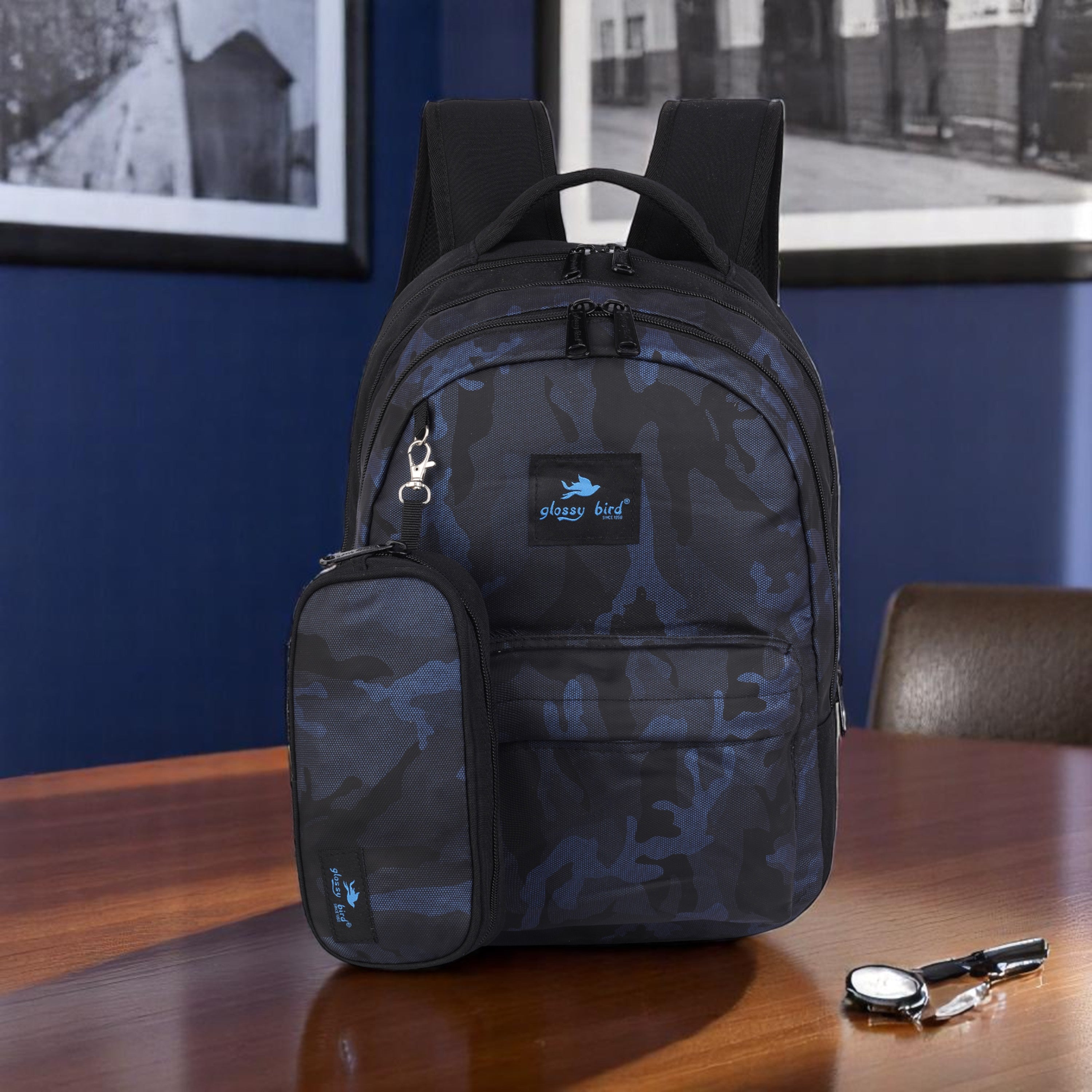 Echo Boomers Glossy Bird Backpack – Water-Resistant Unisex Bag with 4 Compartments, Bottle Holder, Detachable Pouch & Padded Straps – Travel & School Backpack (SKY)