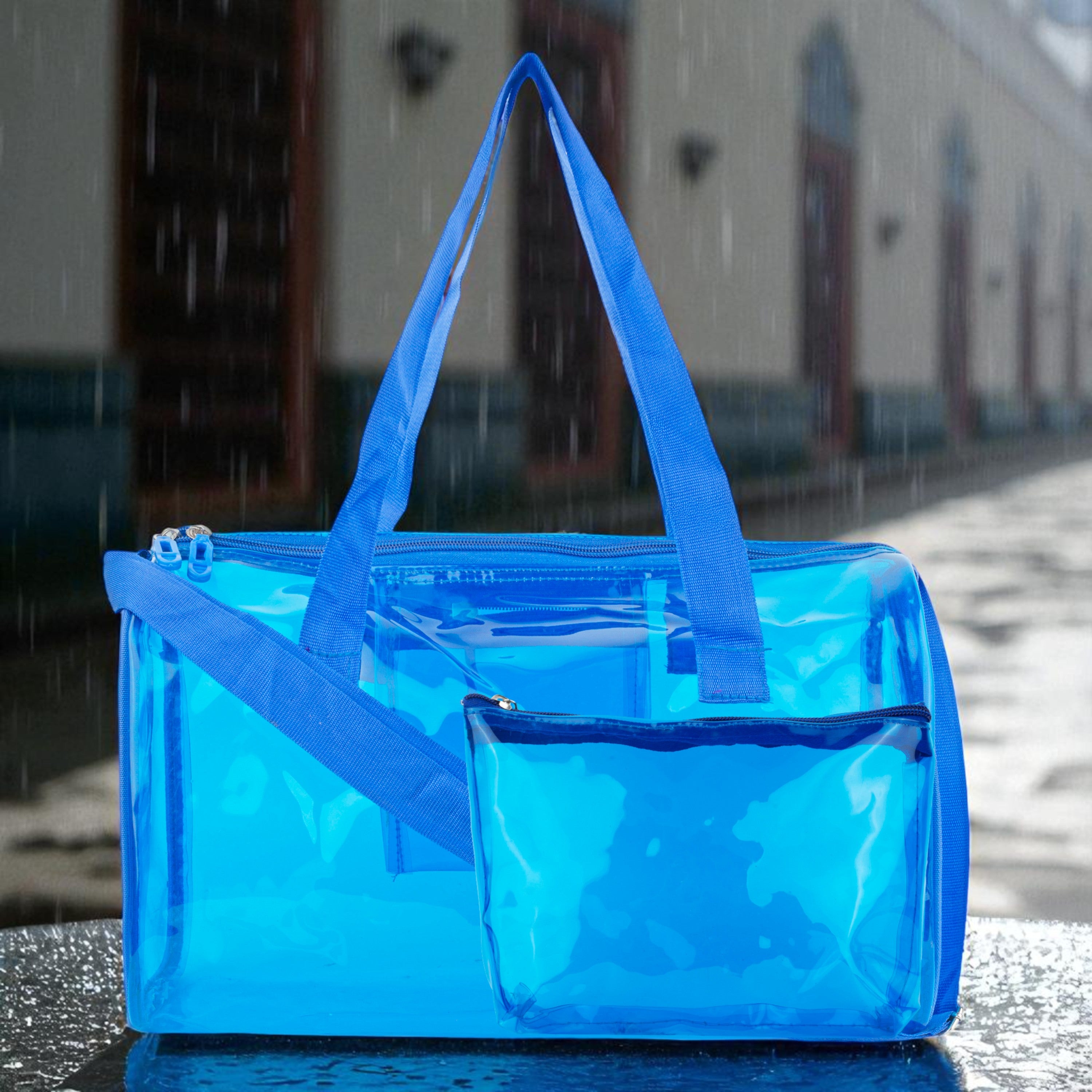 Echo Boomers Bold Blue Transparent Jelly Duffle Bag with Matching Pouch | 50 GSM Waterproof PVC Travel Gym Tote | Lightweight Shoulder Handbag for Women, Girls, College, Sports & Weekend Trips