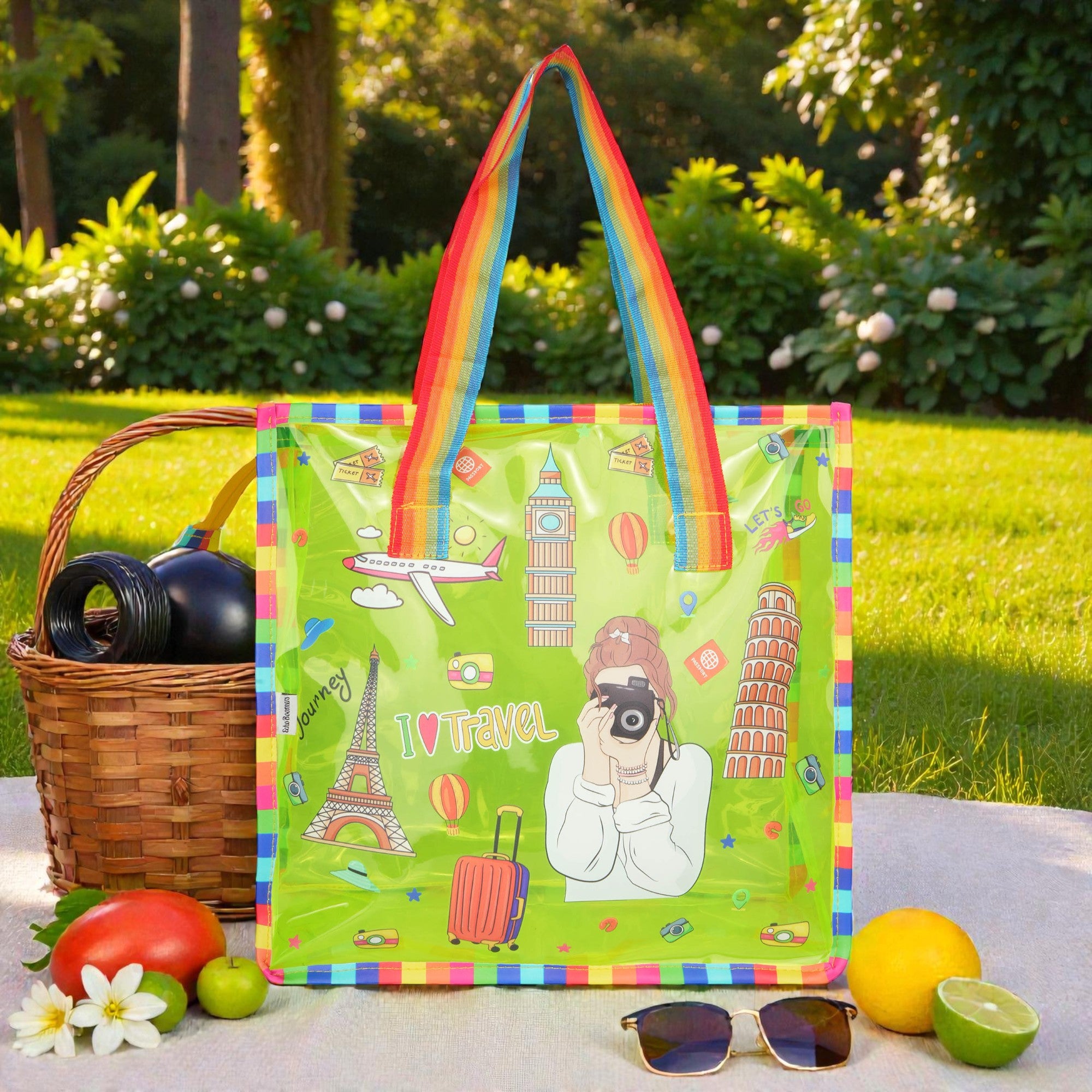 Echo Boomers Jelly Green Transparent Tote Bag for Girls & Boys | UV Printed Let’s Travel Design | Waterproof PVC Handbag | Lightweight Shopping, Outdoor, Beach & Swimming Carry Bag
