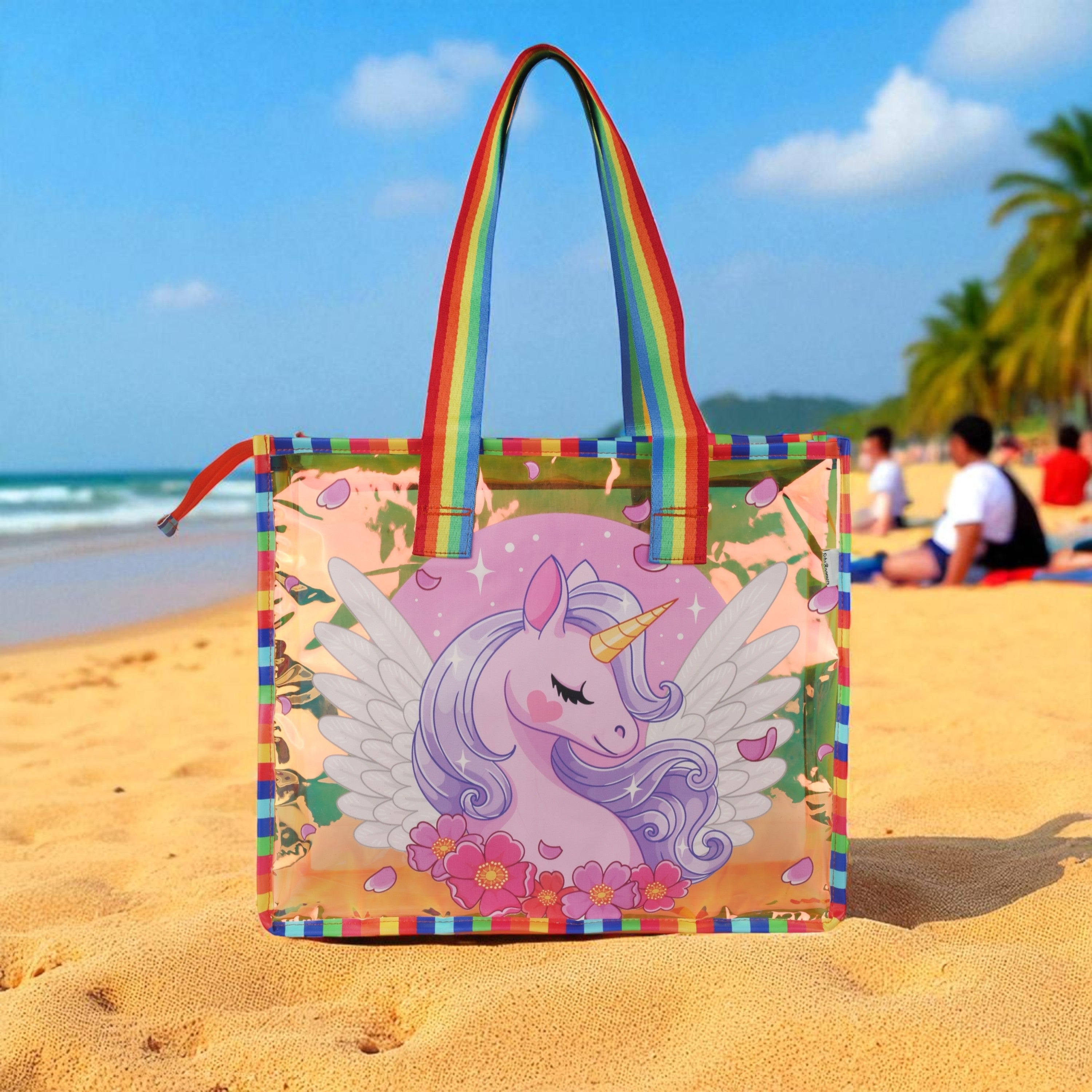 Echo Boomers Cute Mermaid,Magical Unicorn Wings,Astronaut, Stylish Cat,Cute Love Unicorn Transparent 50 GsmTote Bag – Rainbow Handles | Spacious, Durable & Stylish PVC Bag