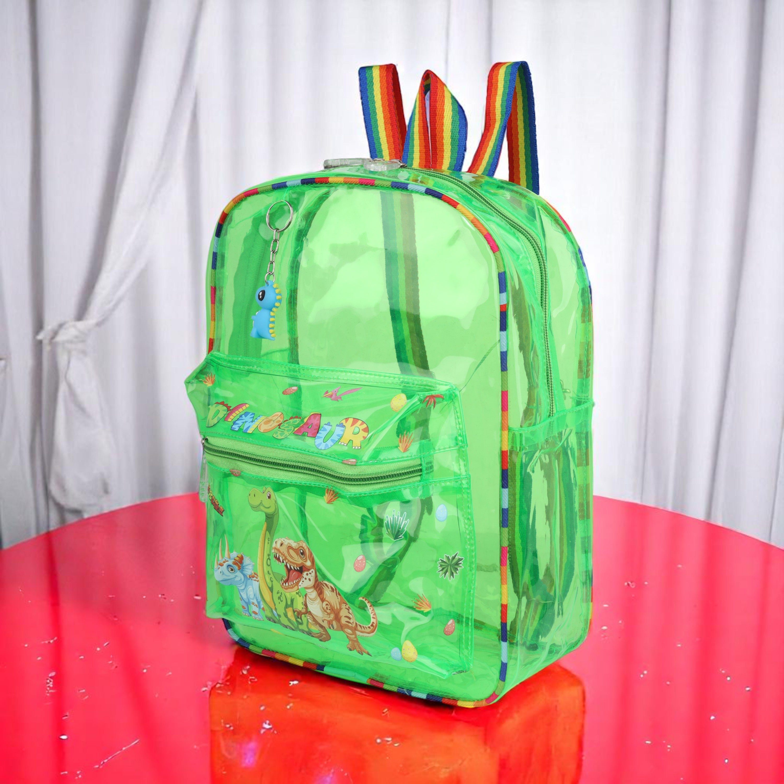 Echo Boomers Green Jelly Backpack Stylish, Lightweight & Durable with Dinosaur Print & “Dinosaur” Text, Transparent Soft Plastic, Adjustable Straps, Sturdy Handle, Premium Zipper & Versatile Design for School, Play & Everyday Adventures.
