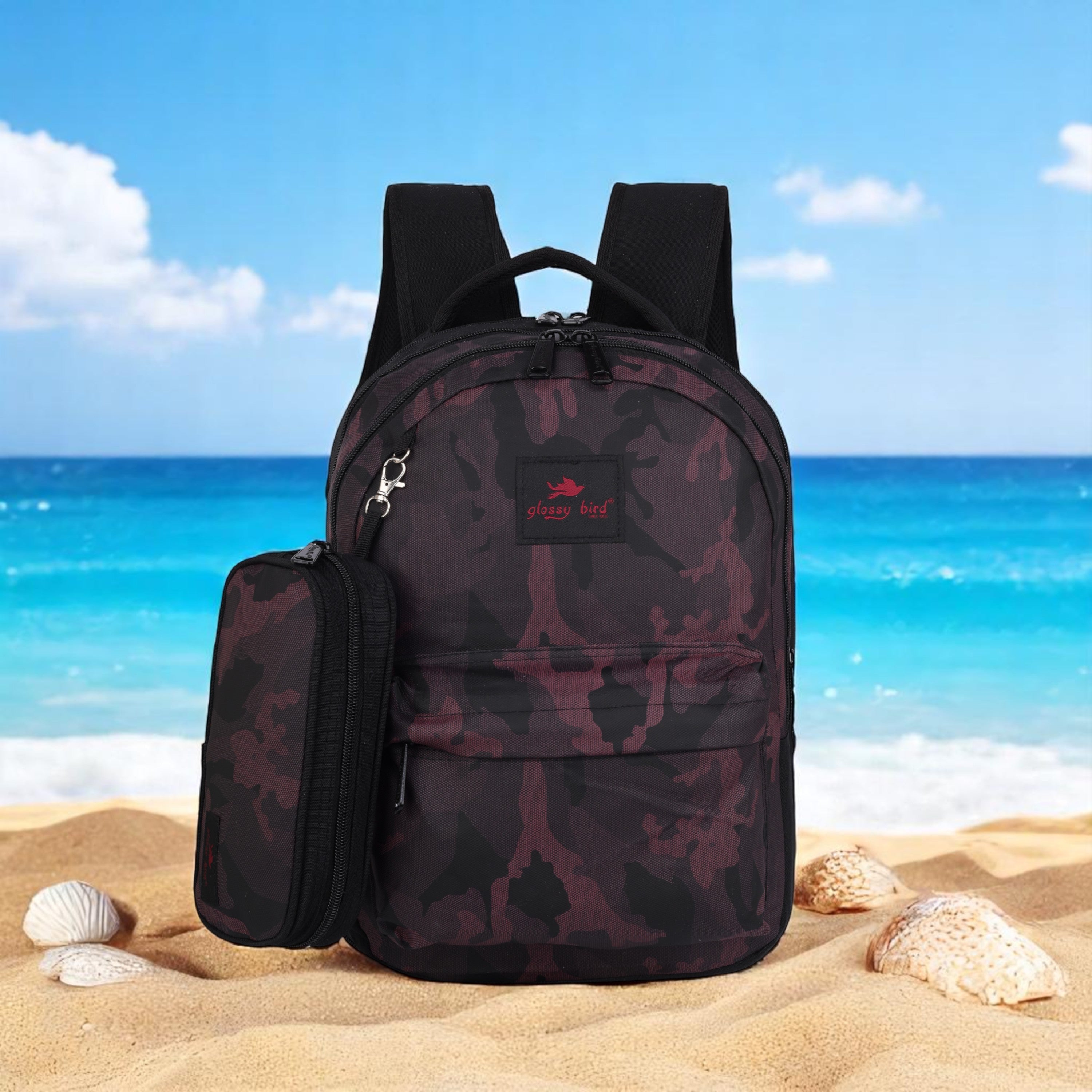 Echo Boomers Glossy Bird Backpack – Water-Resistant Unisex Bag with 4 Compartments, Bottle Holder, Detachable Pouch & Padded Straps – Travel & School Backpack (SKY)