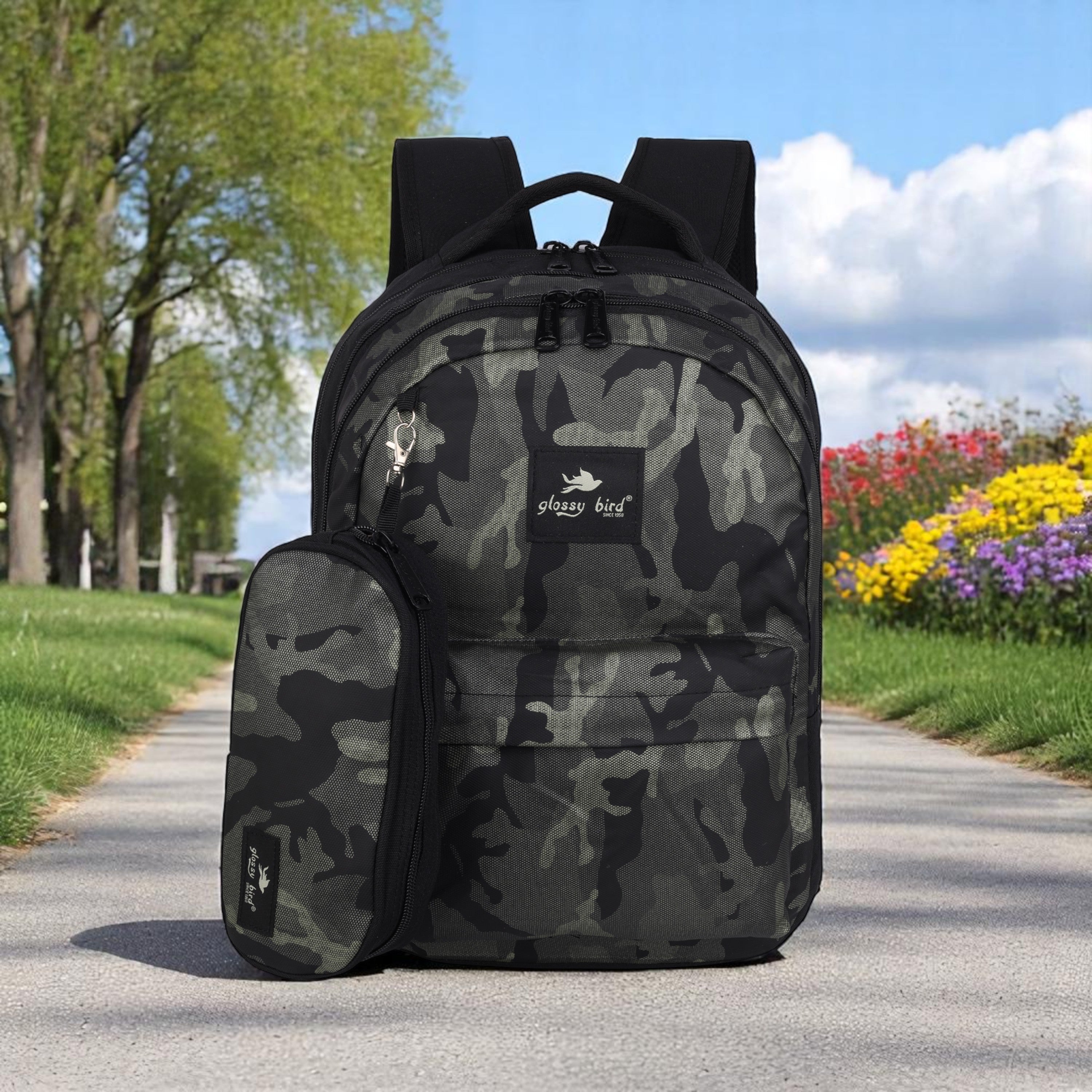 Echo Boomers Glossy Bird Backpack – Water-Resistant Unisex Bag with 4 Compartments, Bottle Holder, Detachable Pouch & Padded Straps – Travel & School Backpack (SKY)