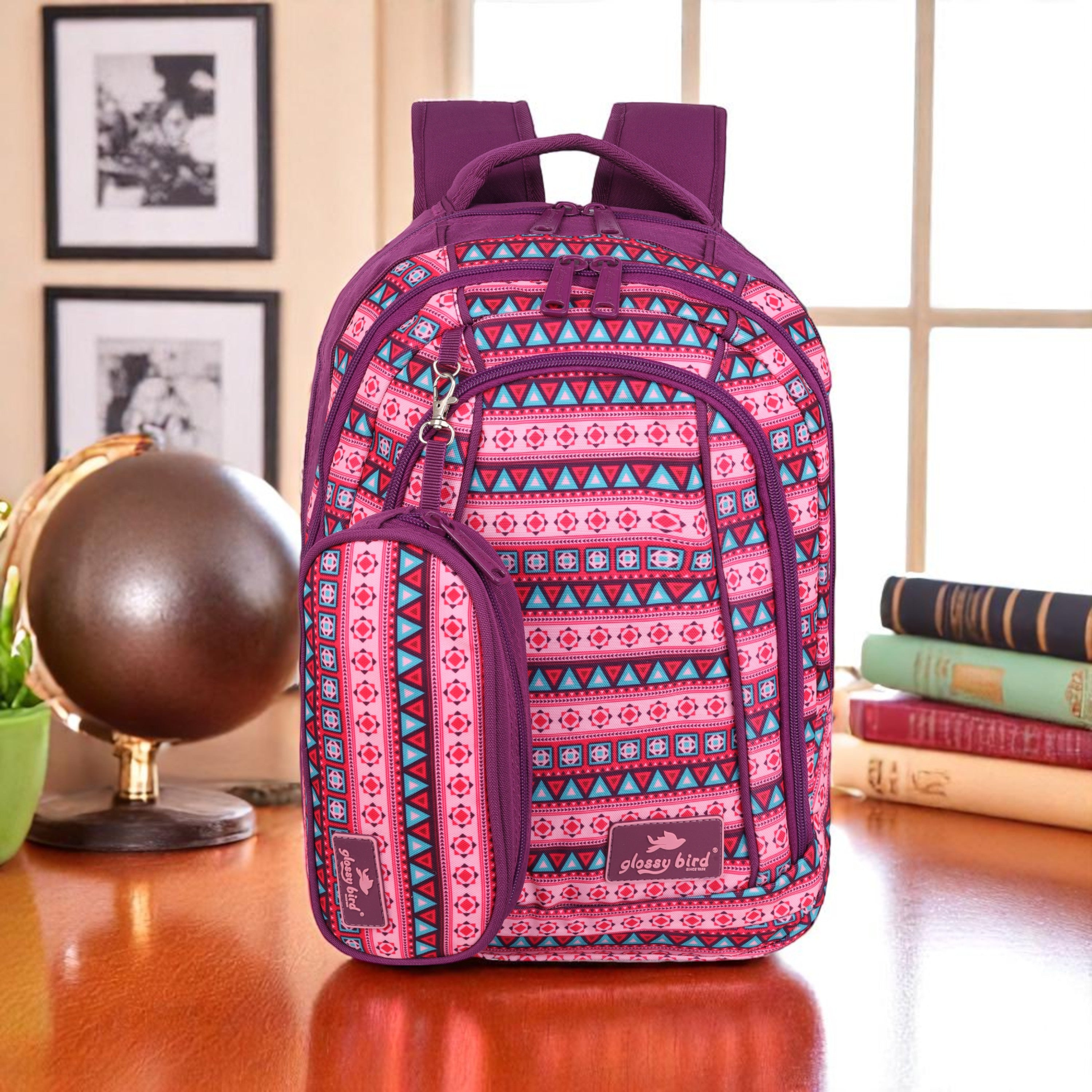 Echo Boomers Glossy Bird Unisex Backpack for School, Office & Travel – Water-Resistant, Lightweight Bag with 4 Compartments, Bottle Holder, Detachable Pouch & Ergonomic Straps (Purple)