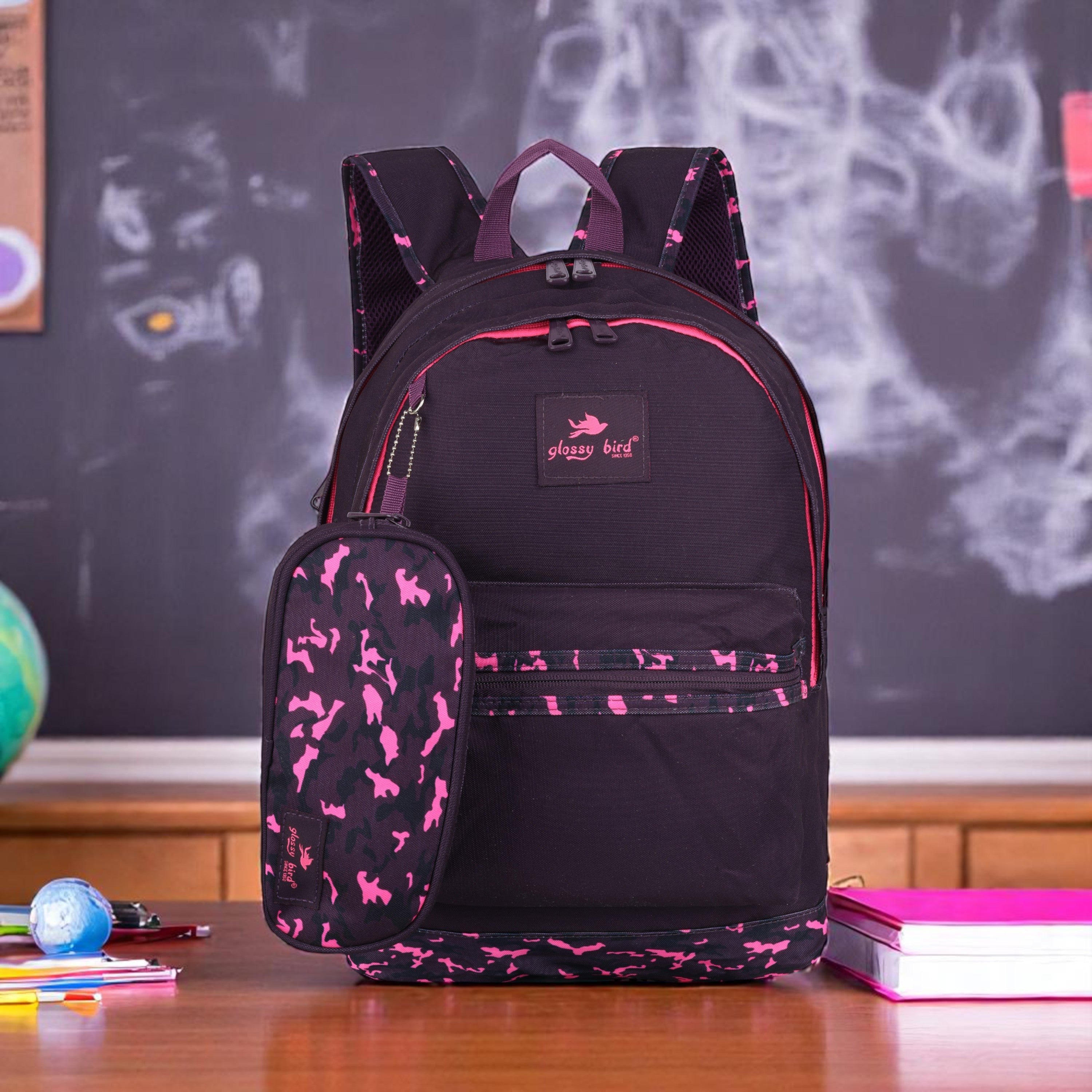 Echo Boomers Glossy Bird Backpack (PURPLE) – Water-Resistant School, Travel & Office Bag for Men & Women with Detachable Pouch, Padded Straps, Multi-Pockets & Reflective Strips