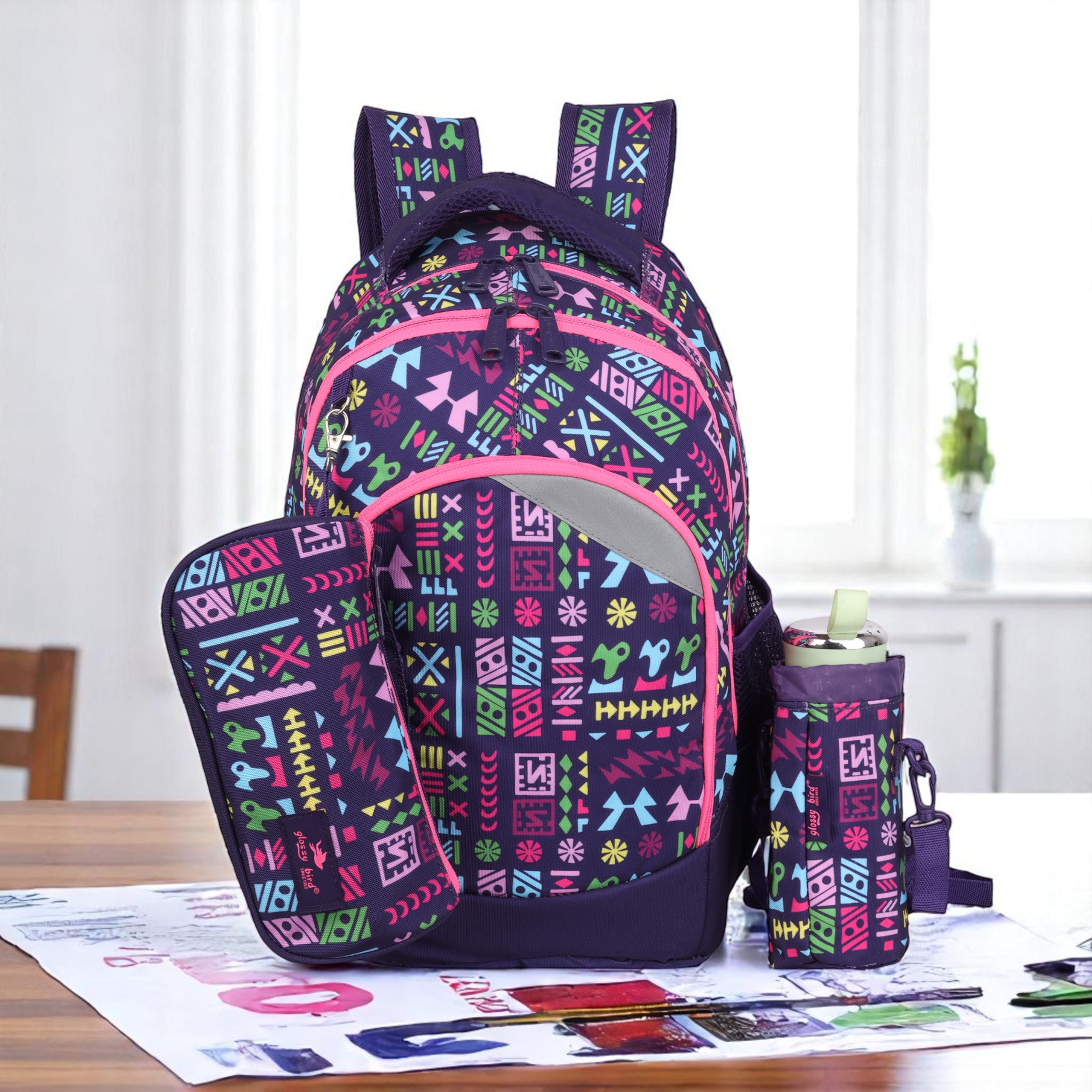 Echo Boomers Glossy Bird Backpack (BLACK) – Lightweight Water-Resistant School Bag for Girls & Boys with Detachable Pouch & Bottle Holder – Stylish Multi-Pocket Travel Backpack