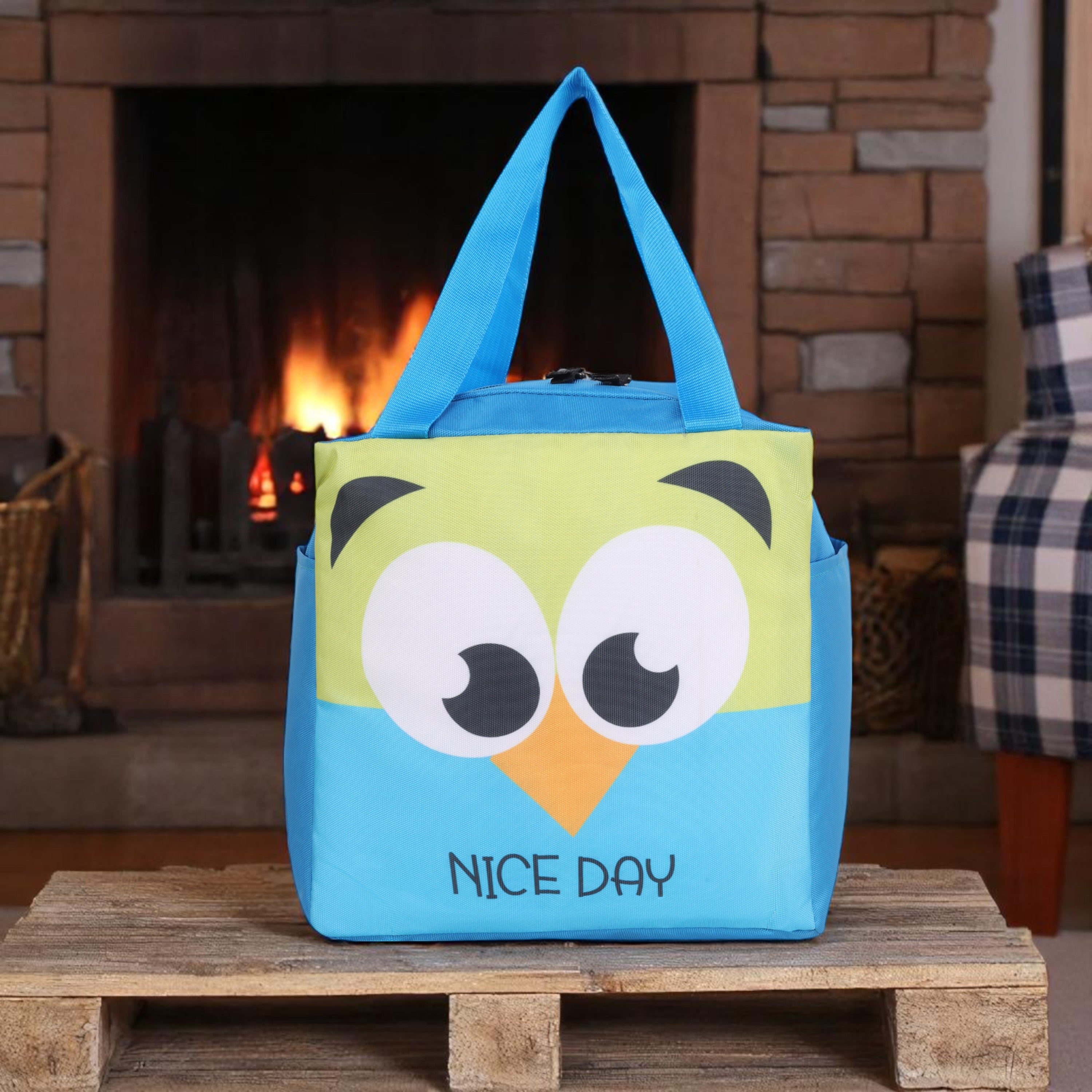 Echo Boomers Nice Day Green Bird Print Sky Blue Lunch Bag for Kids | Stylish, Lightweight & Durable | School, Travel & Picnic Use | Premium Zipper, Sturdy Handle, Easy to Clean