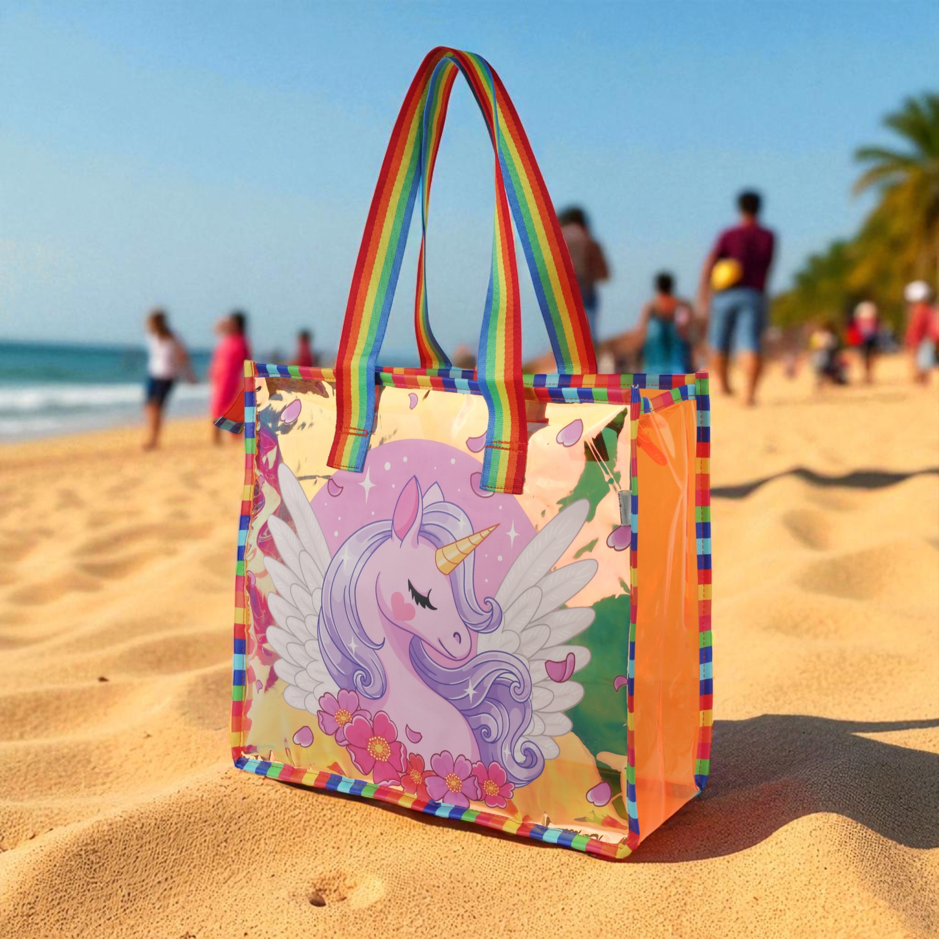 Echo Boomers Cute Mermaid,Magical Unicorn Wings,Astronaut, Stylish Cat,Cute Love Unicorn Transparent 50 GsmTote Bag – Rainbow Handles | Spacious, Durable & Stylish PVC Bag