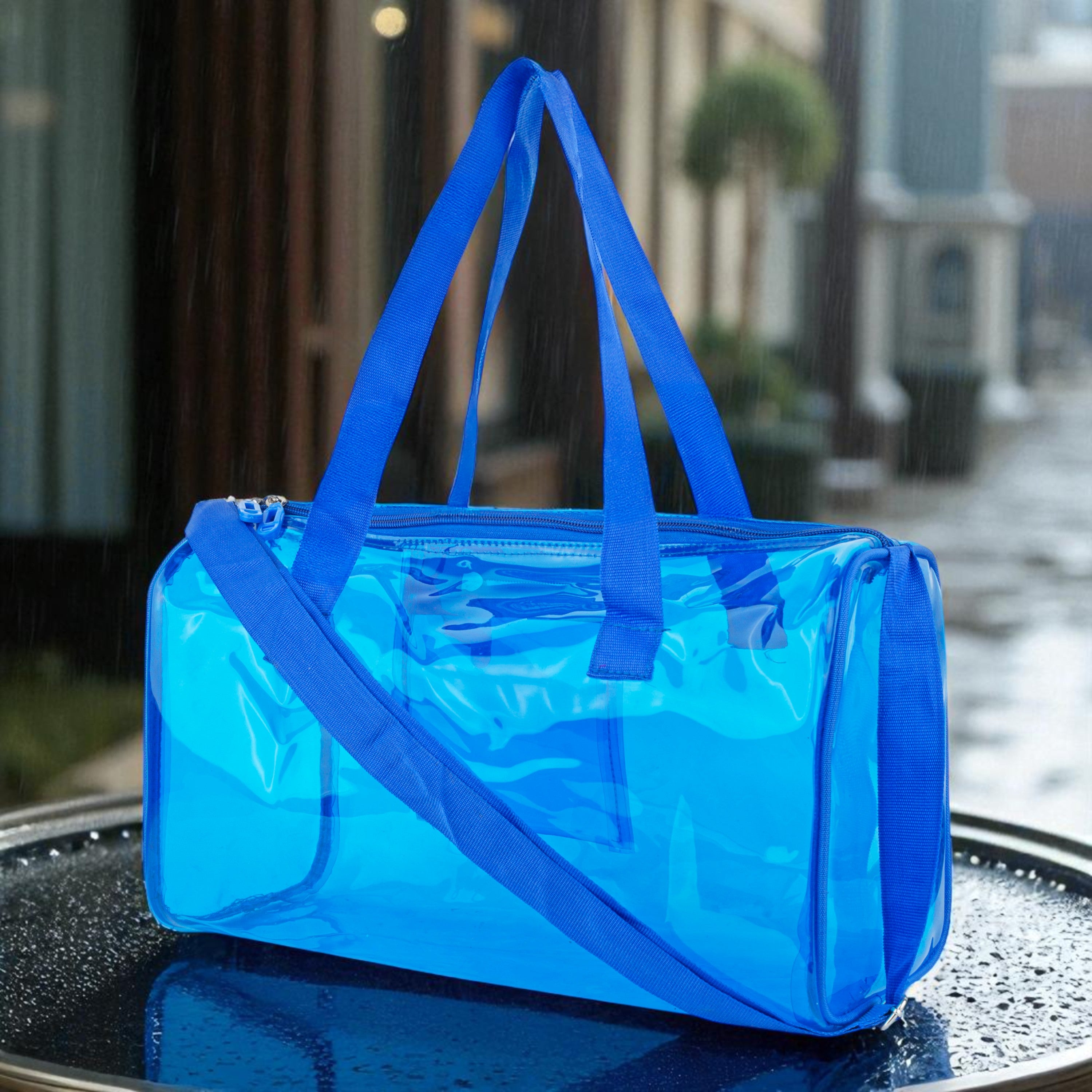 Echo Boomers Bold Blue Transparent Jelly Duffle Bag with Matching Pouch | 50 GSM Waterproof PVC Travel Gym Tote | Lightweight Shoulder Handbag for Women, Girls, College, Sports & Weekend Trips