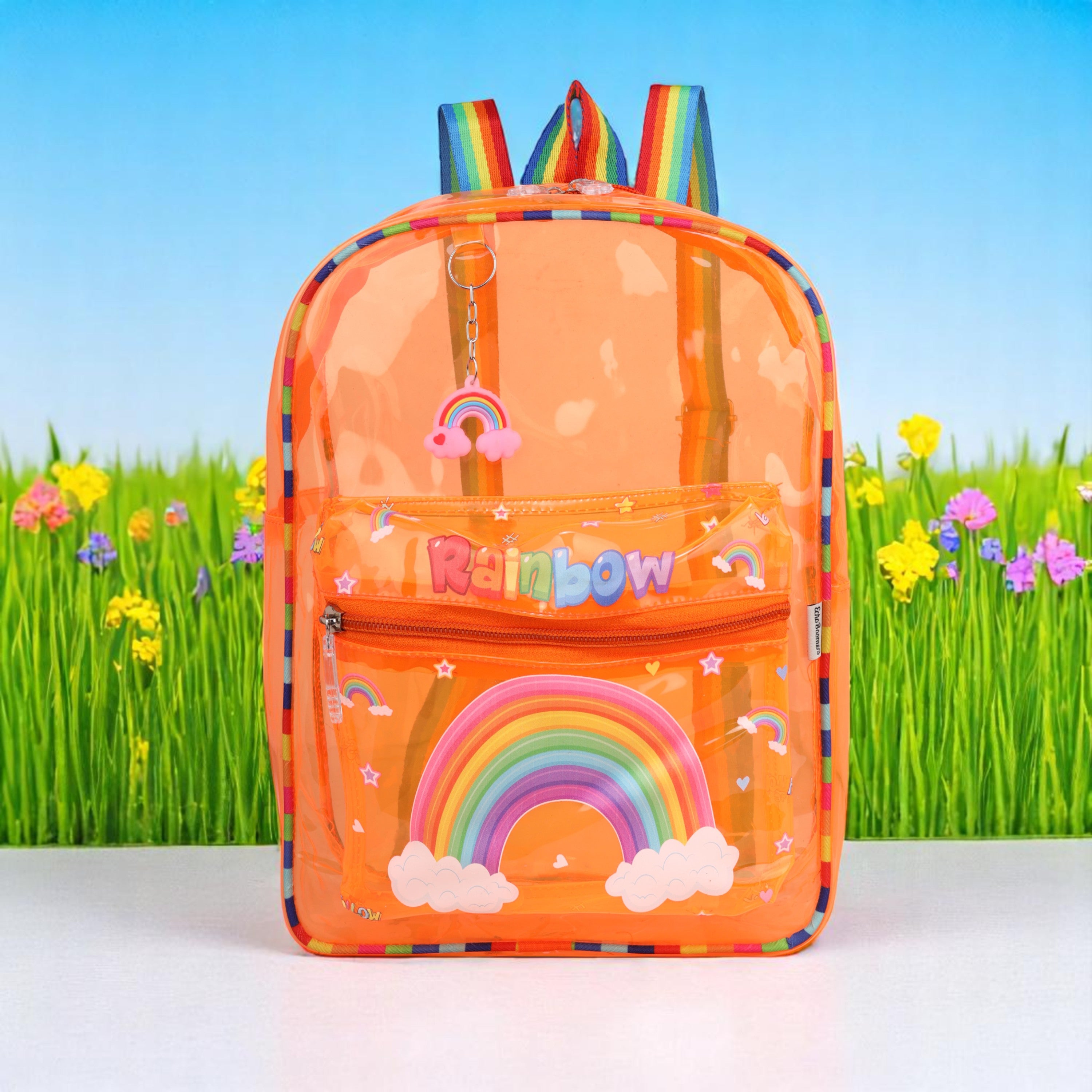 Echo Boomers Orange Jelly Backpack Stylish, Lightweight & Durable with Rainbow Print, Transprint Soft Plastic, Adjustable Straps, Sturdy Handle, Premium Zipper & Versatile Design for School, Play & Everyday Adventures.