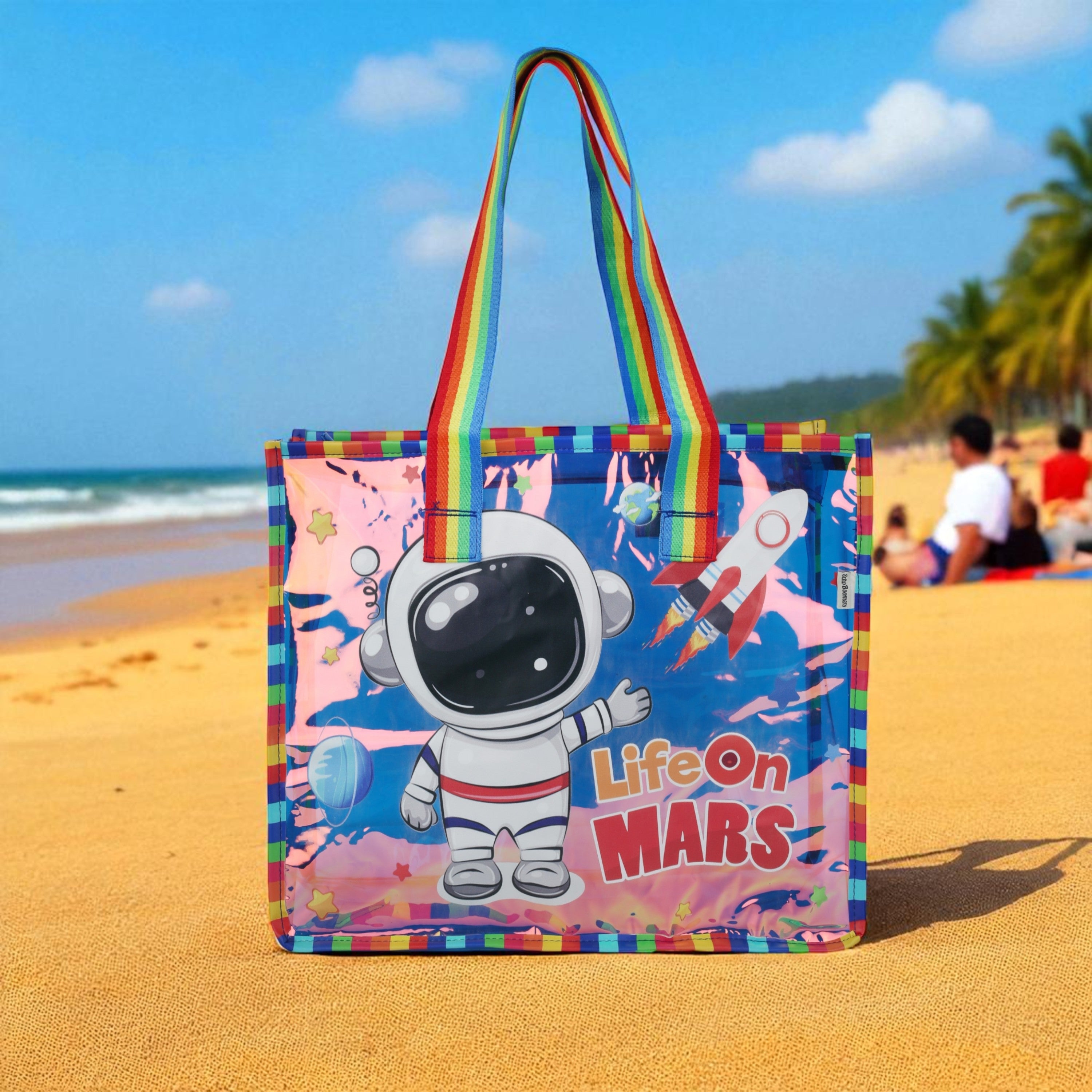 Echo Boomers Cute Mermaid,Magical Unicorn Wings,Astronaut, Stylish Cat,Cute Love Unicorn Transparent 50 GsmTote Bag – Rainbow Handles | Spacious, Durable & Stylish PVC Bag