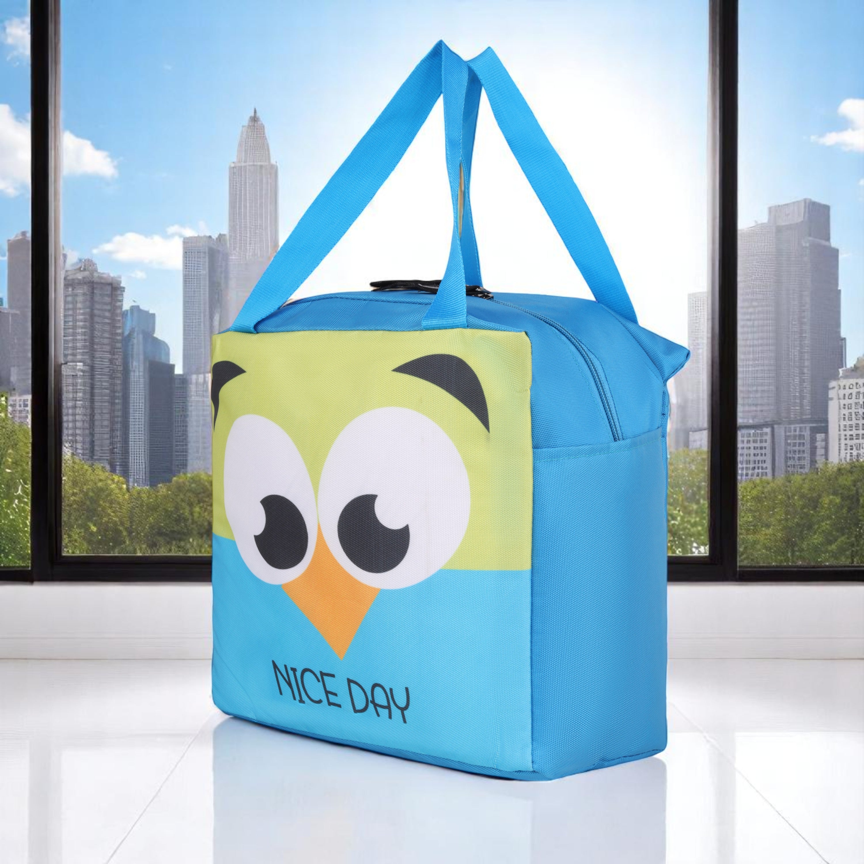 Echo Boomers Nice Day Green Bird Print Sky Blue Lunch Bag for Kids | Stylish, Lightweight & Durable | School, Travel & Picnic Use | Premium Zipper, Sturdy Handle, Easy to Clean