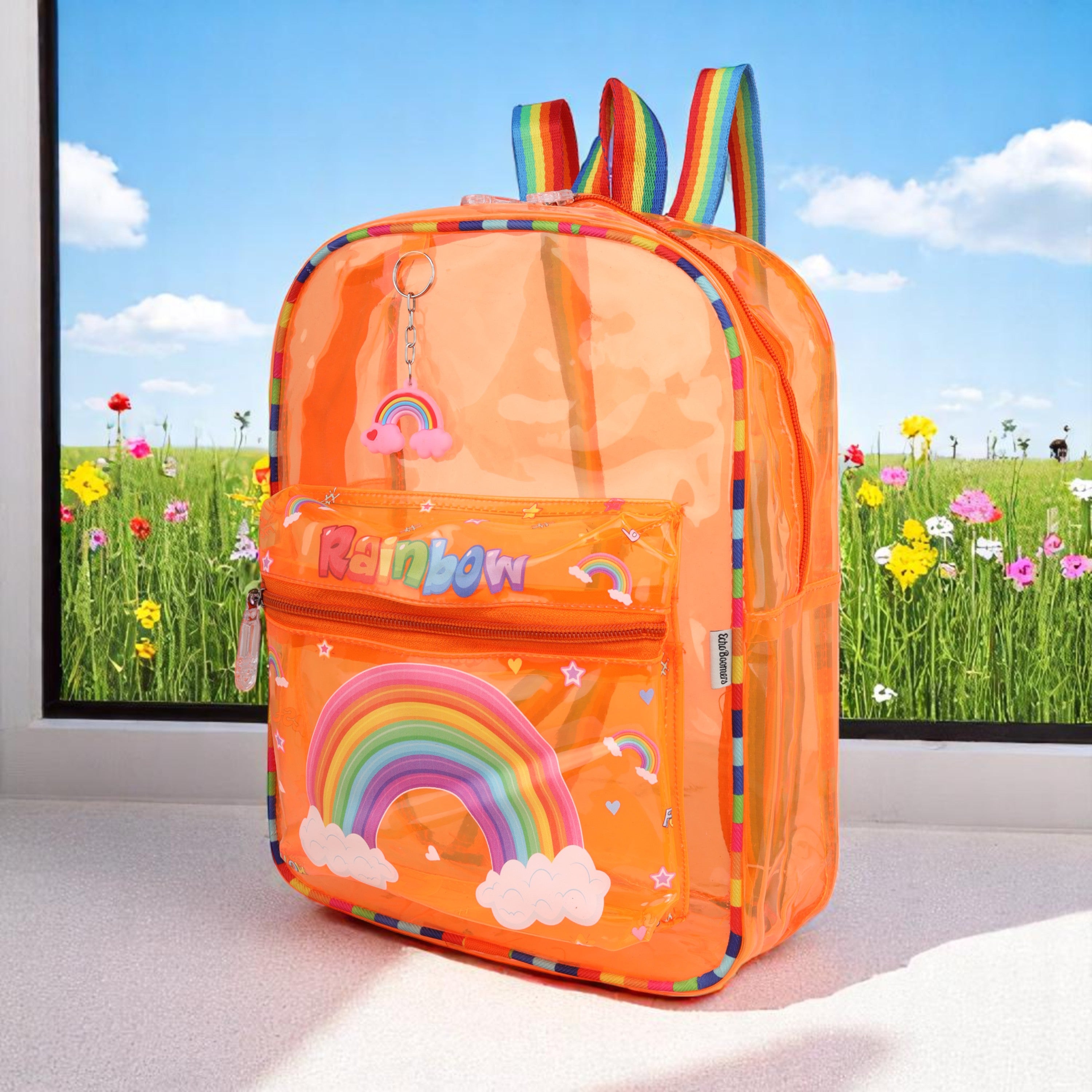 Echo Boomers Orange Jelly Backpack Stylish, Lightweight & Durable with Rainbow Print, Transprint Soft Plastic, Adjustable Straps, Sturdy Handle, Premium Zipper & Versatile Design for School, Play & Everyday Adventures.