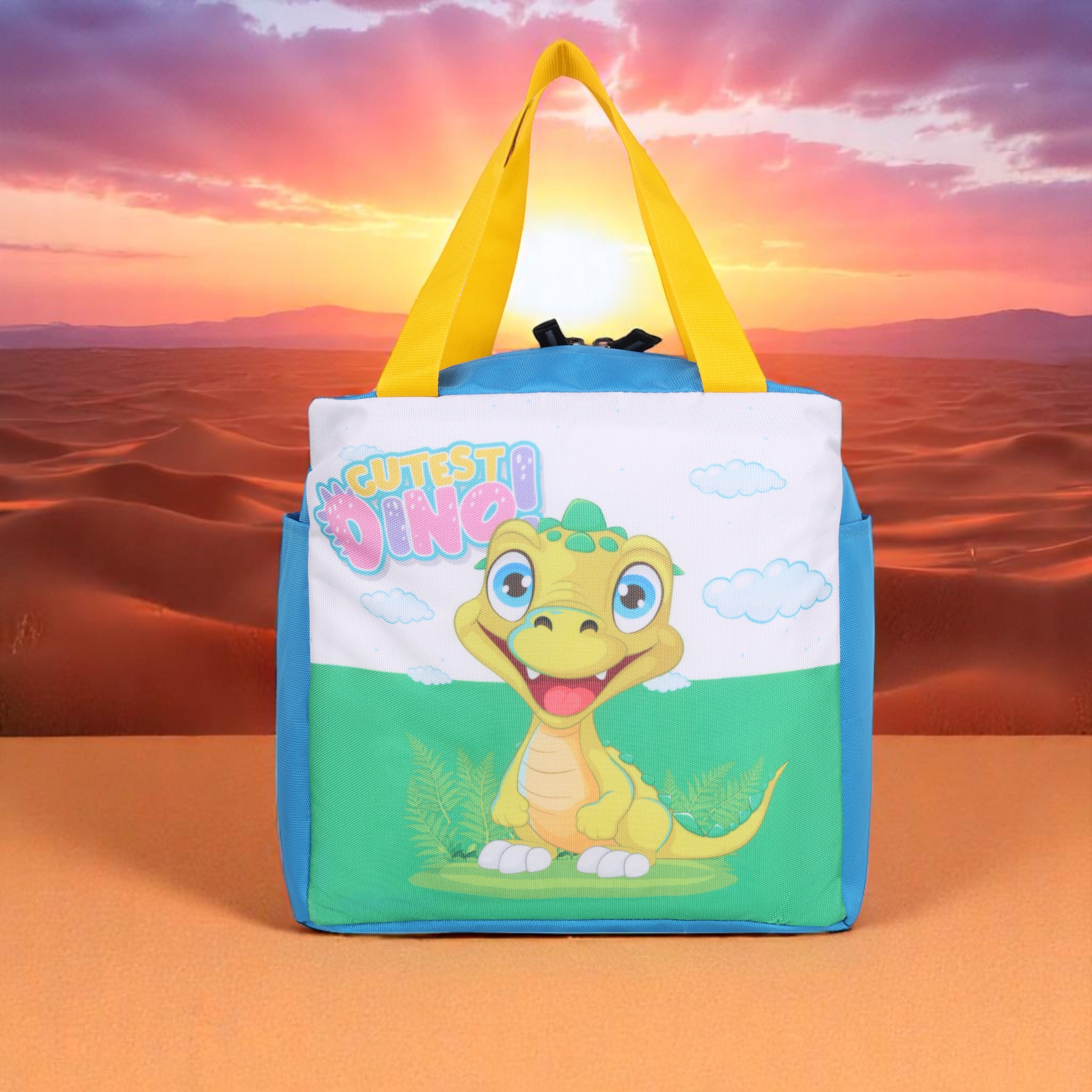 Echo Boomers Cutest Dino Print Sky Blue Lunch Bag for Kids | Stylish, Lightweight & Durable | School, Travel & Picnic Use | Premium Zipper, Sturdy Handle, Easy to Clean