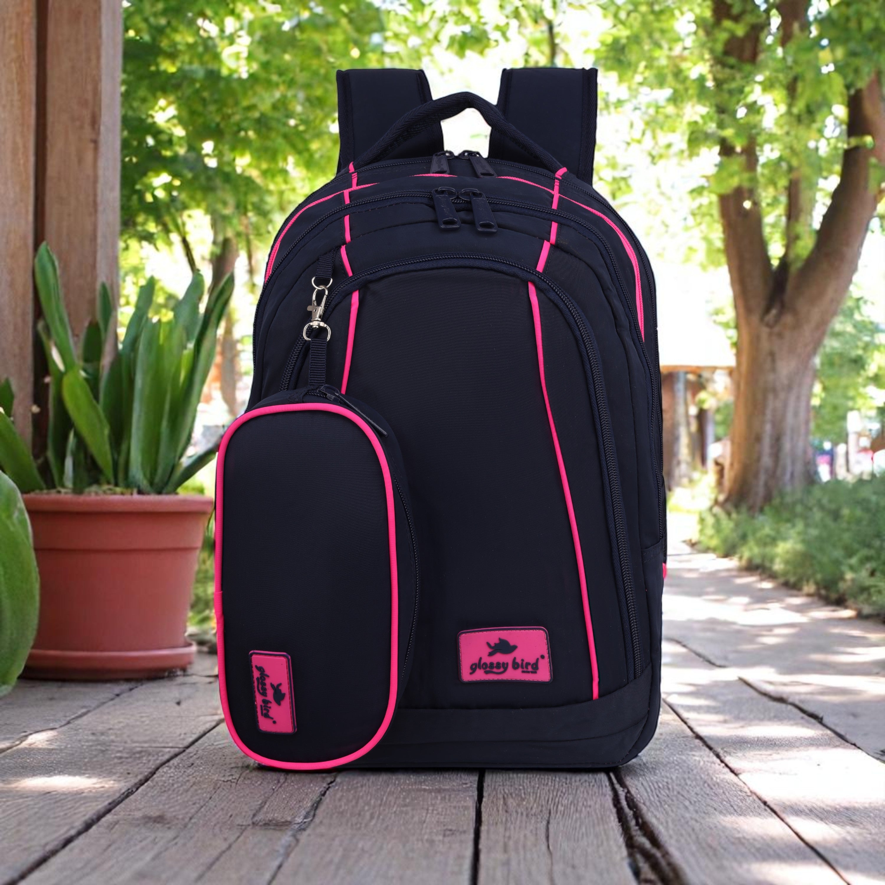 Echo Boomers Glossy Bird Backpack (PINK) – Water-Resistant Unisex Bag with 4 Compartments, Detachable Pouch, Bottle Holder & Padded Straps – School, College, Work & Travel Bag