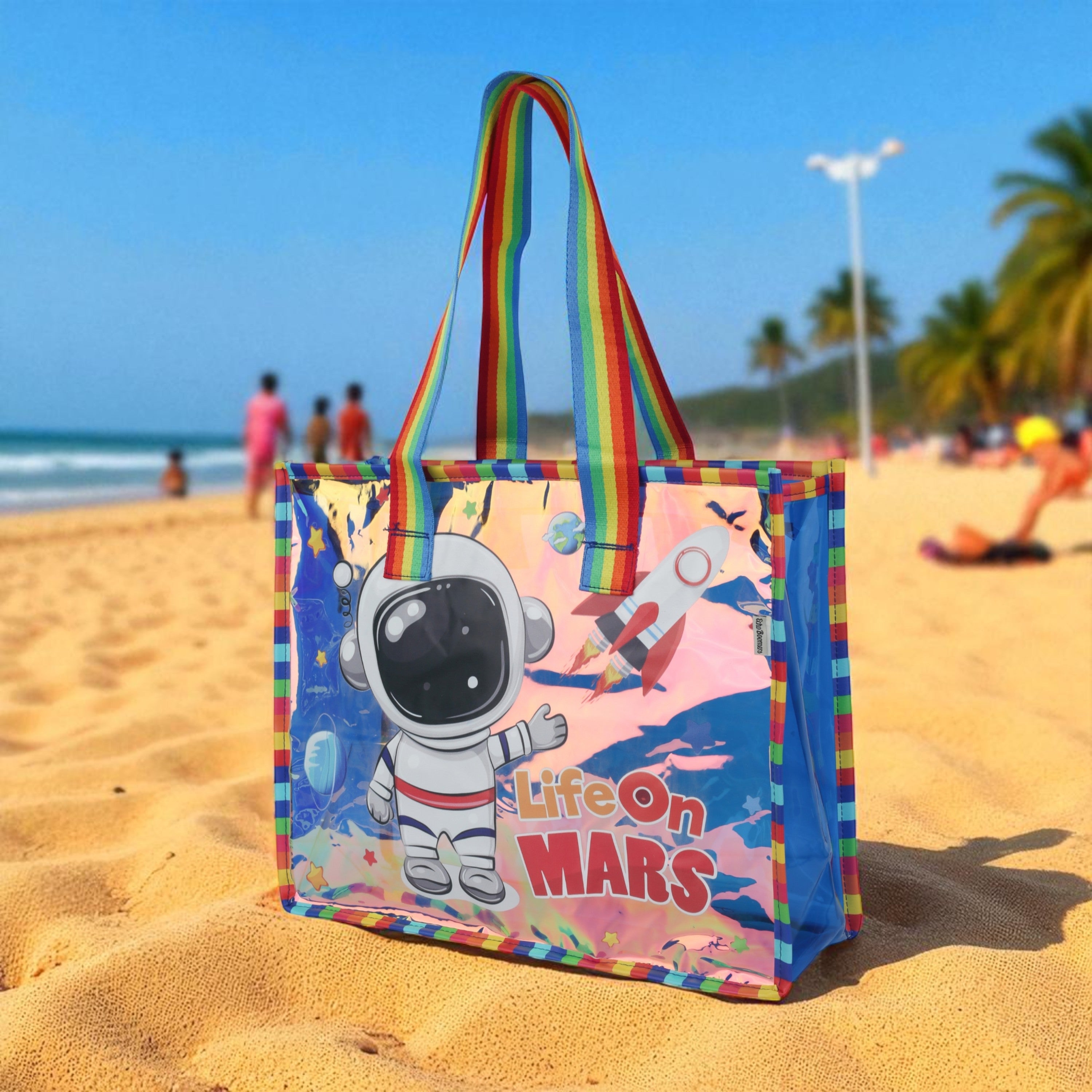 Echo Boomers Cute Mermaid,Magical Unicorn Wings,Astronaut, Stylish Cat,Cute Love Unicorn Transparent 50 GsmTote Bag – Rainbow Handles | Spacious, Durable & Stylish PVC Bag