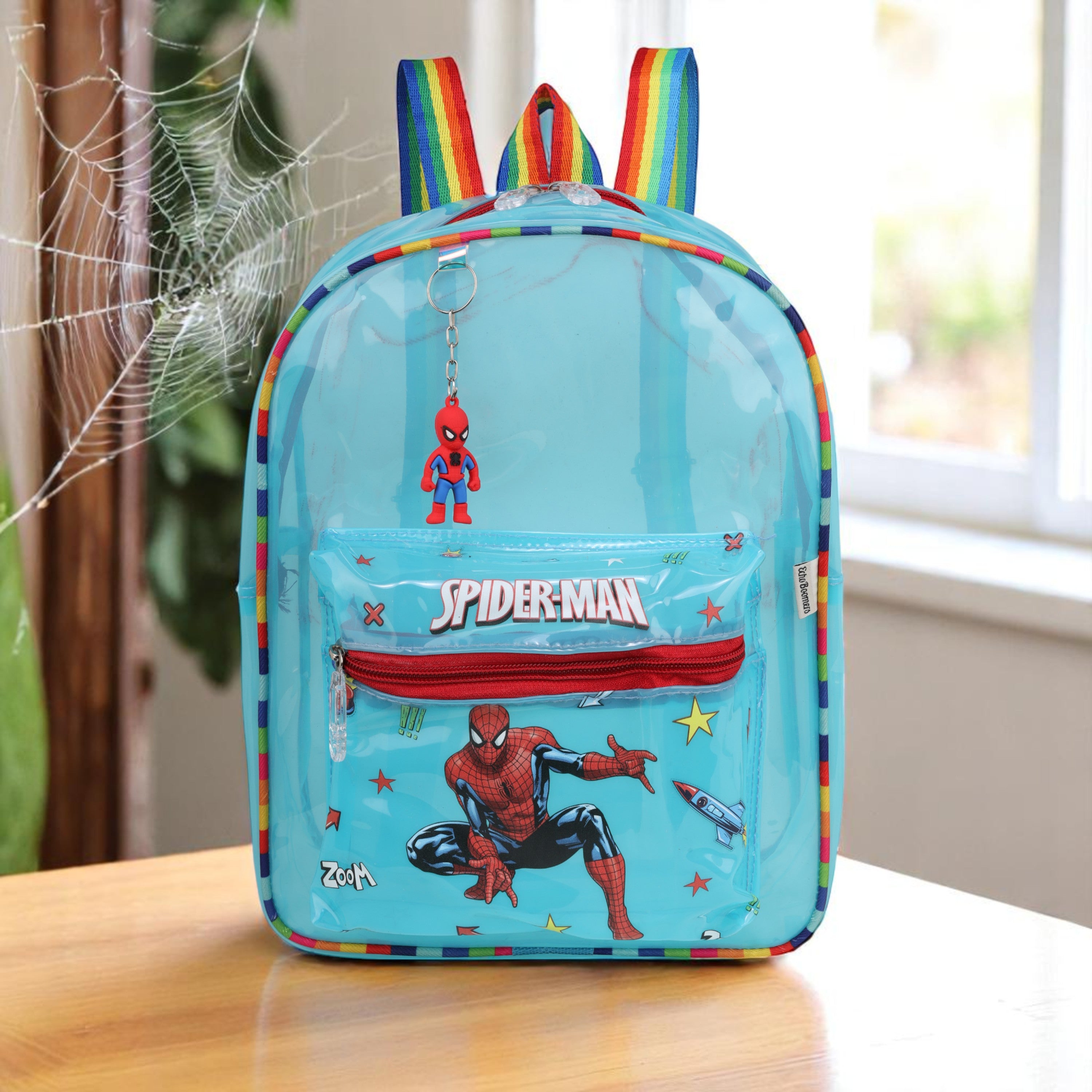 Echo Boomers Blue Jelly Backpack Stylish, Lightweight & Durable with Spiderman Print, Transparent Soft Plastic, Adjustable Straps, Sturdy Handle, Premium Zipper & Versatile Design for School, Play & Everyday Adventures.
