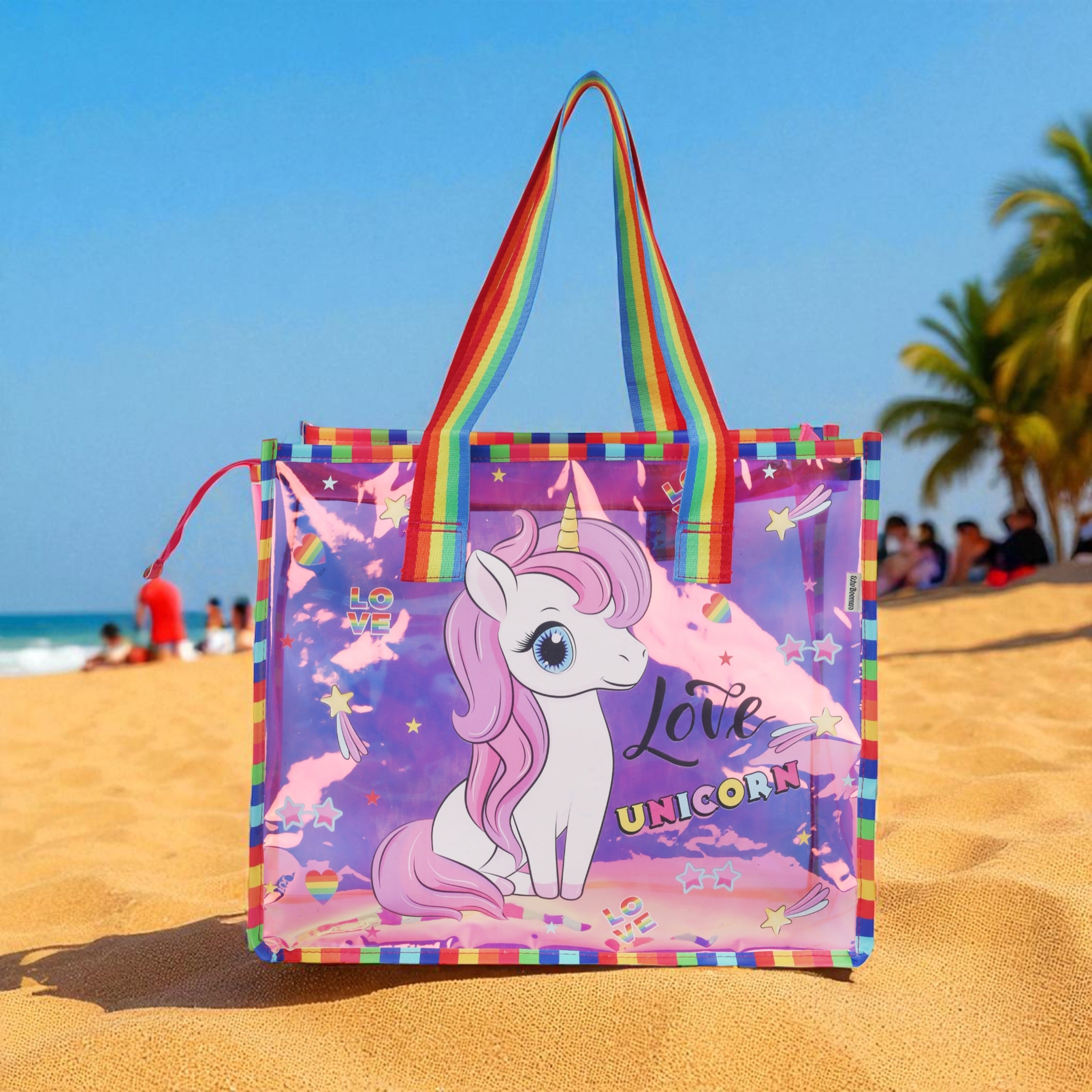 Echo Boomers Cute Mermaid,Magical Unicorn Wings,Astronaut, Stylish Cat,Cute Love Unicorn Transparent 50 GsmTote Bag – Rainbow Handles | Spacious, Durable & Stylish PVC Bag