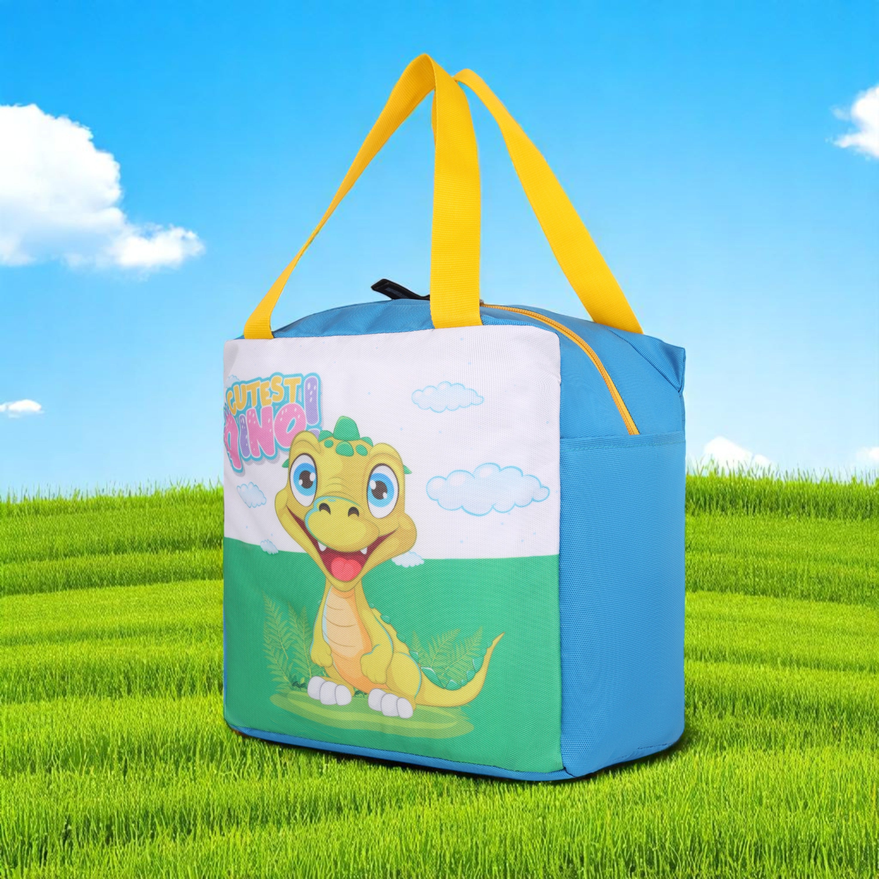 Echo Boomers Cutest Dino Print Sky Blue Lunch Bag for Kids | Stylish, Lightweight & Durable | School, Travel & Picnic Use | Premium Zipper, Sturdy Handle, Easy to Clean