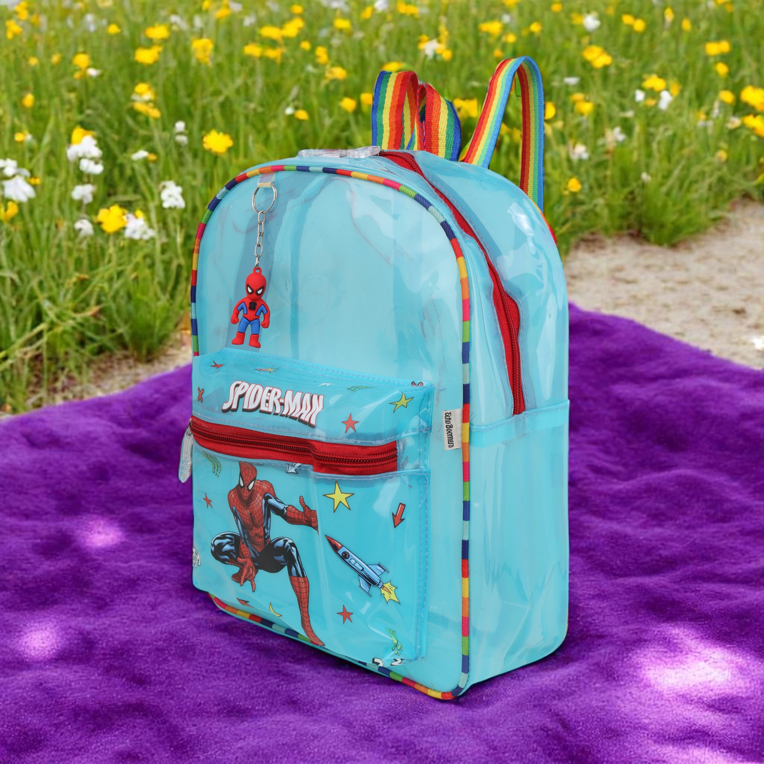 Echo Boomers Blue Jelly Backpack Stylish, Lightweight & Durable with Spiderman Print, Transparent Soft Plastic, Adjustable Straps, Sturdy Handle, Premium Zipper & Versatile Design for School, Play & Everyday Adventures.