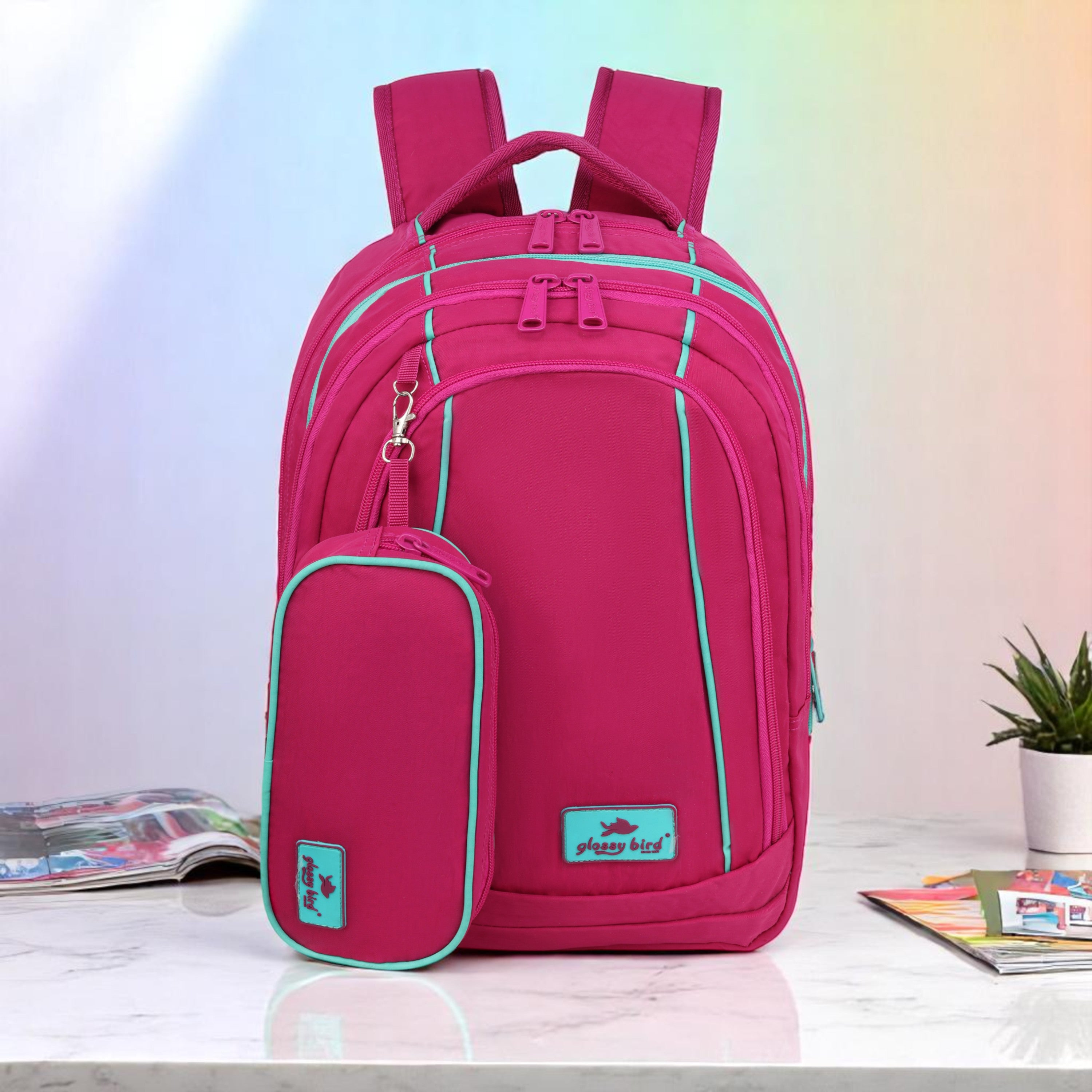 Echo Boomers Glossy Bird Backpack (PINK) – Water-Resistant Unisex Bag with 4 Compartments, Detachable Pouch, Bottle Holder & Padded Straps – School, College, Work & Travel Bag