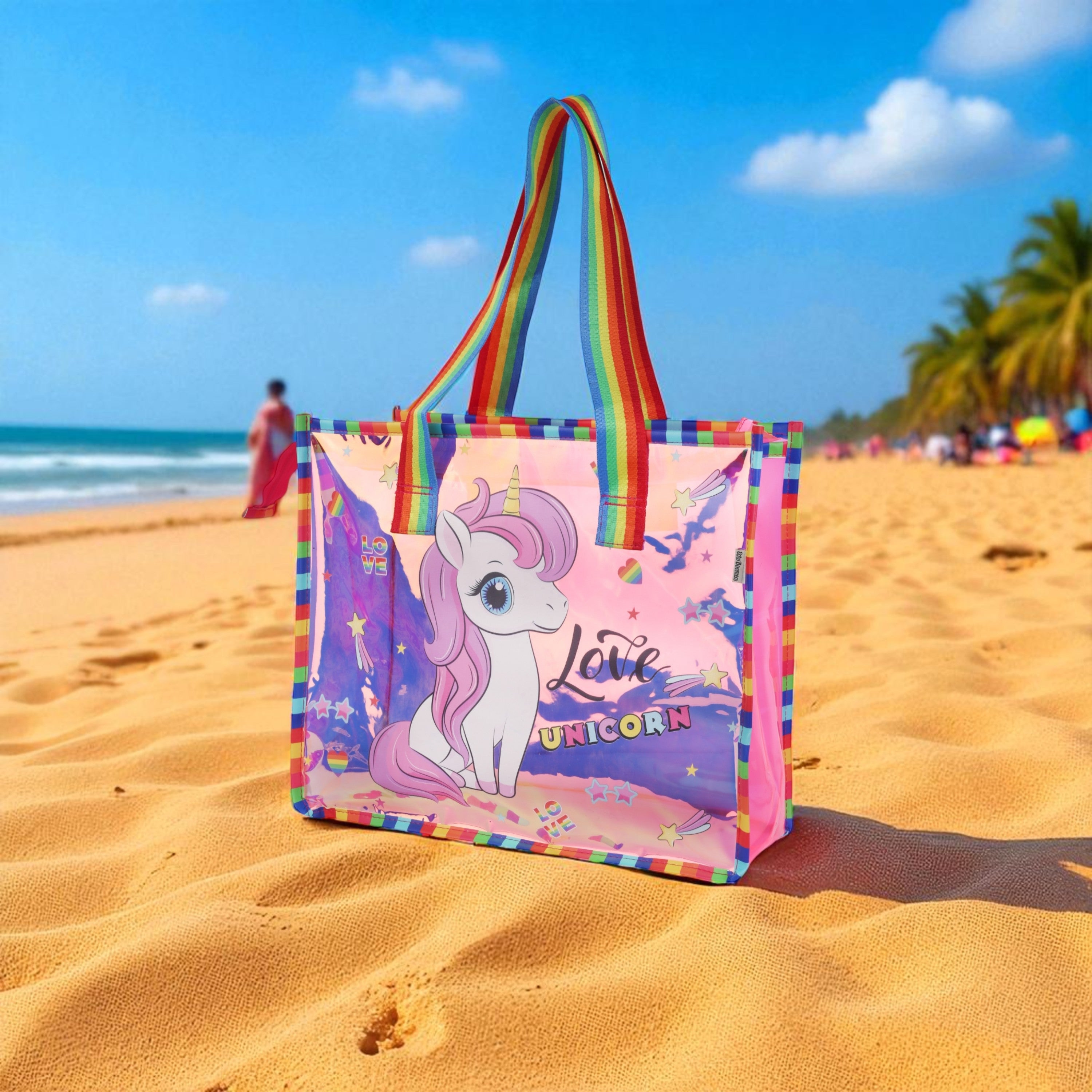 Echo Boomers Cute Mermaid,Magical Unicorn Wings,Astronaut, Stylish Cat,Cute Love Unicorn Transparent 50 GsmTote Bag – Rainbow Handles | Spacious, Durable & Stylish PVC Bag