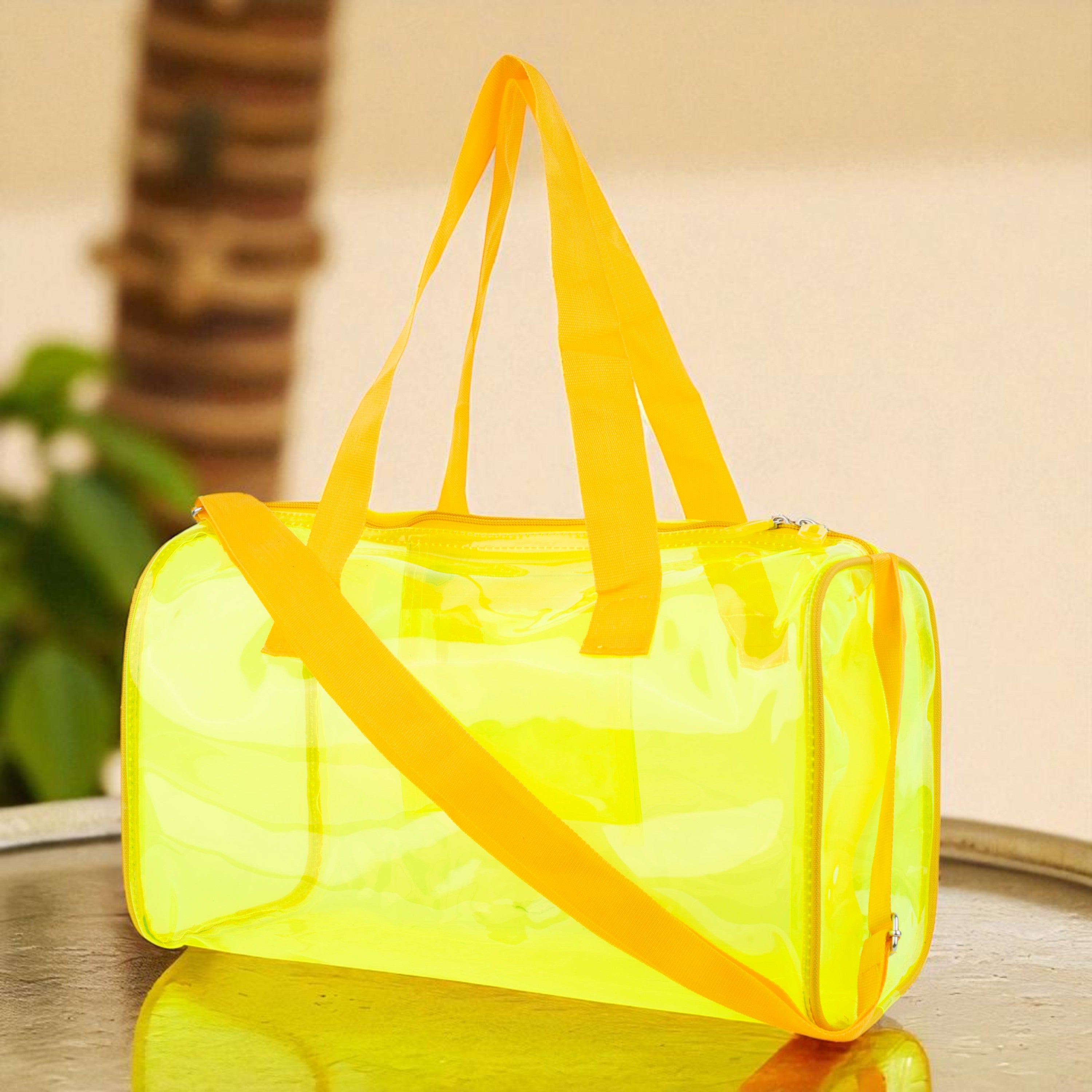 Echo Boomers Bold Blue Transparent Jelly Duffle Bag with Matching Pouch | 50 GSM Waterproof PVC Travel Gym Tote | Lightweight Shoulder Handbag for Women, Girls, College, Sports & Weekend Trips