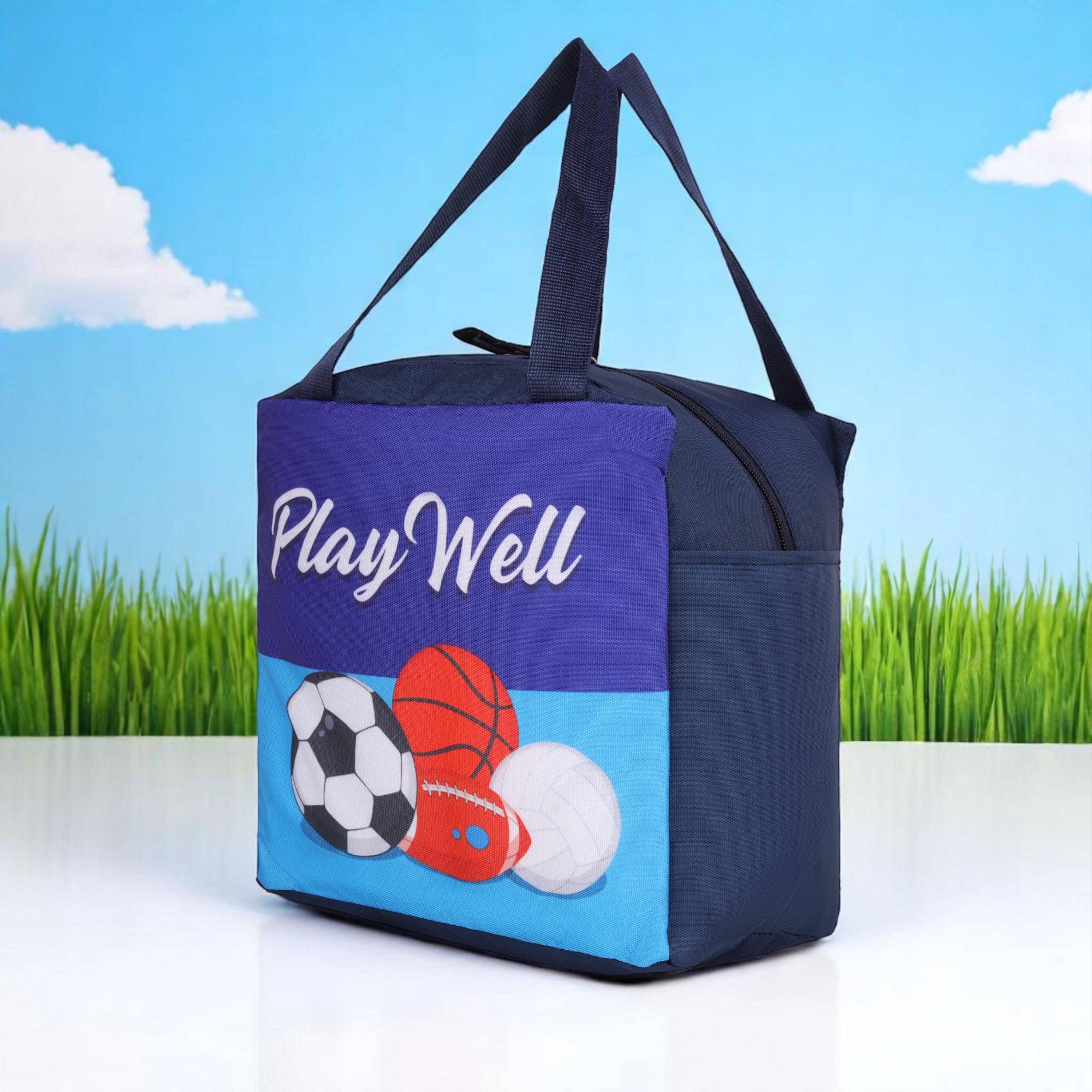 Echo Boomers Play Well Football Print Navy Lunch Bag for Kids | Stylish, Lightweight & Durable | School, Travel & Picnic Use | Premium Zipper, Sturdy Handle, Easy to Clean