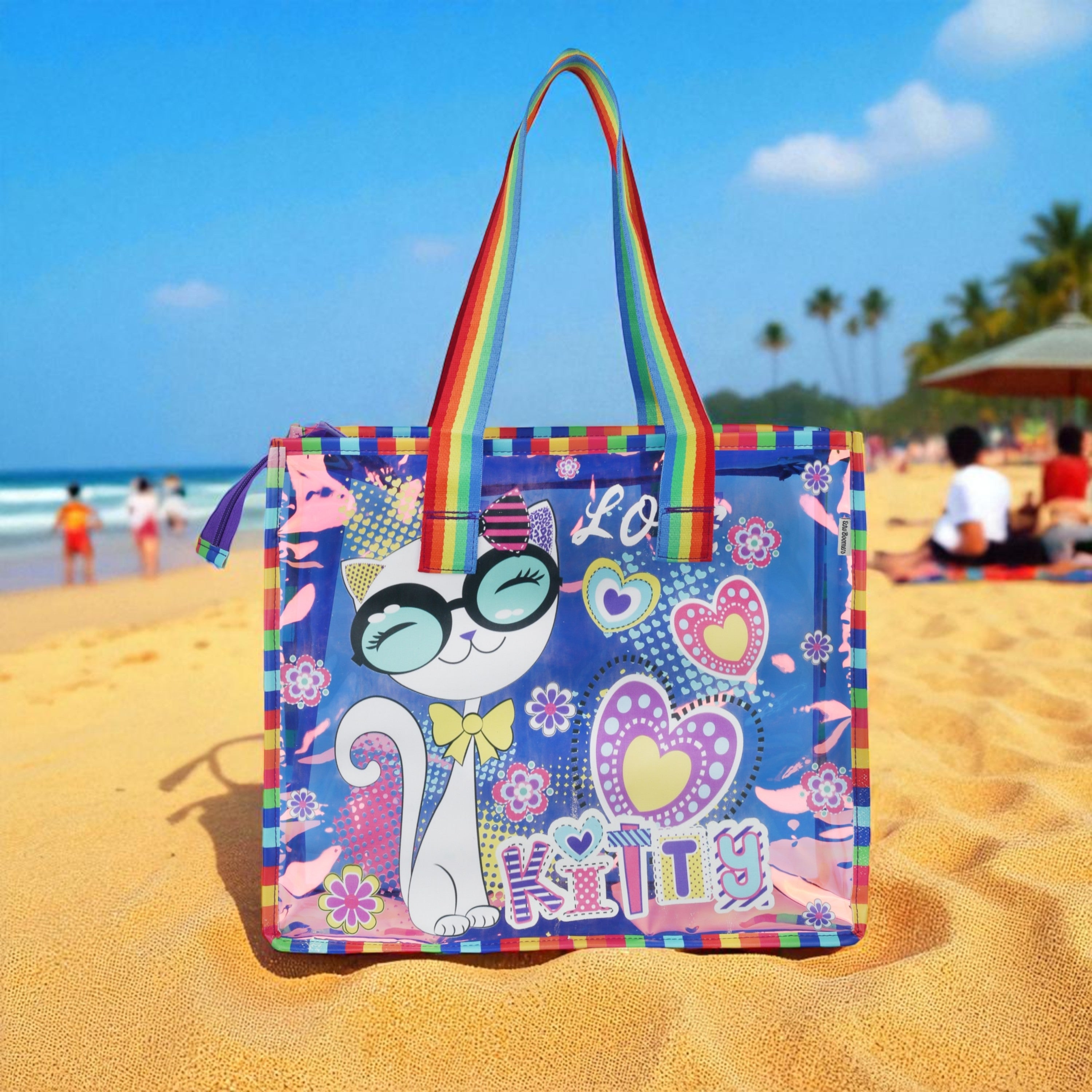 Echo Boomers Cute Mermaid,Magical Unicorn Wings,Astronaut, Stylish Cat,Cute Love Unicorn Transparent 50 GsmTote Bag – Rainbow Handles | Spacious, Durable & Stylish PVC Bag