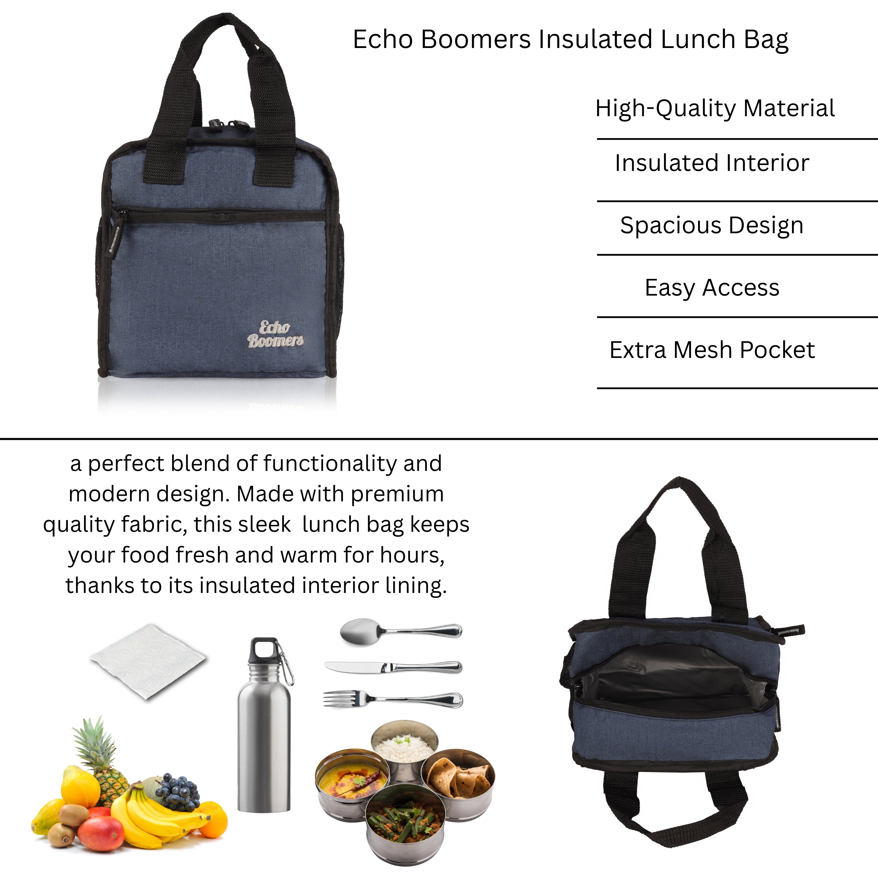 Echo Boomers Premium Lunch Bag – Stylish, Lightweight, Attractive, & Durable Meal Companion and versatile bag(Navy).