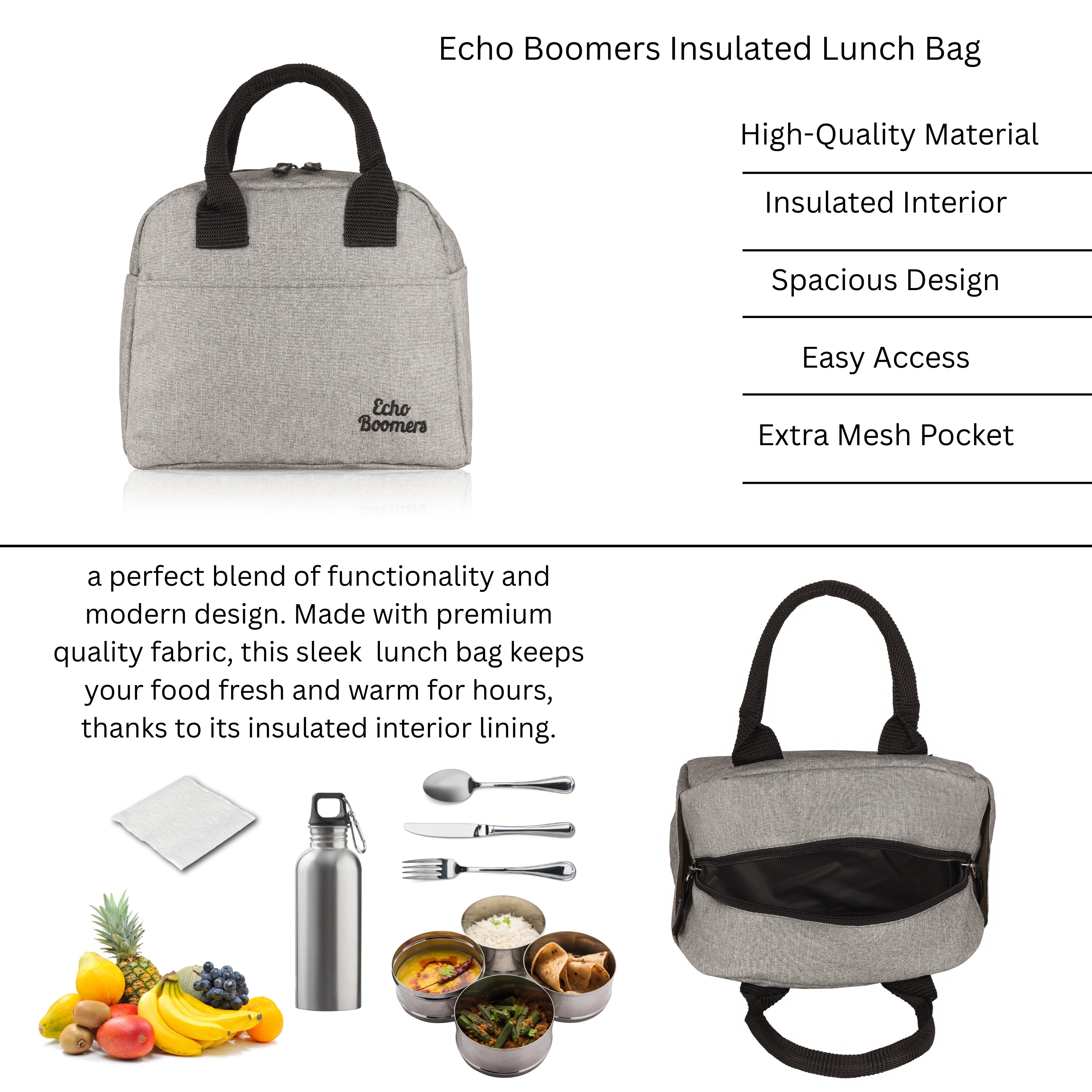 Echo Boomers Premium Lunch Bag – Stylish, Lightweight, Attractive, & Durable Meal Companion and versatile bag(Grey).