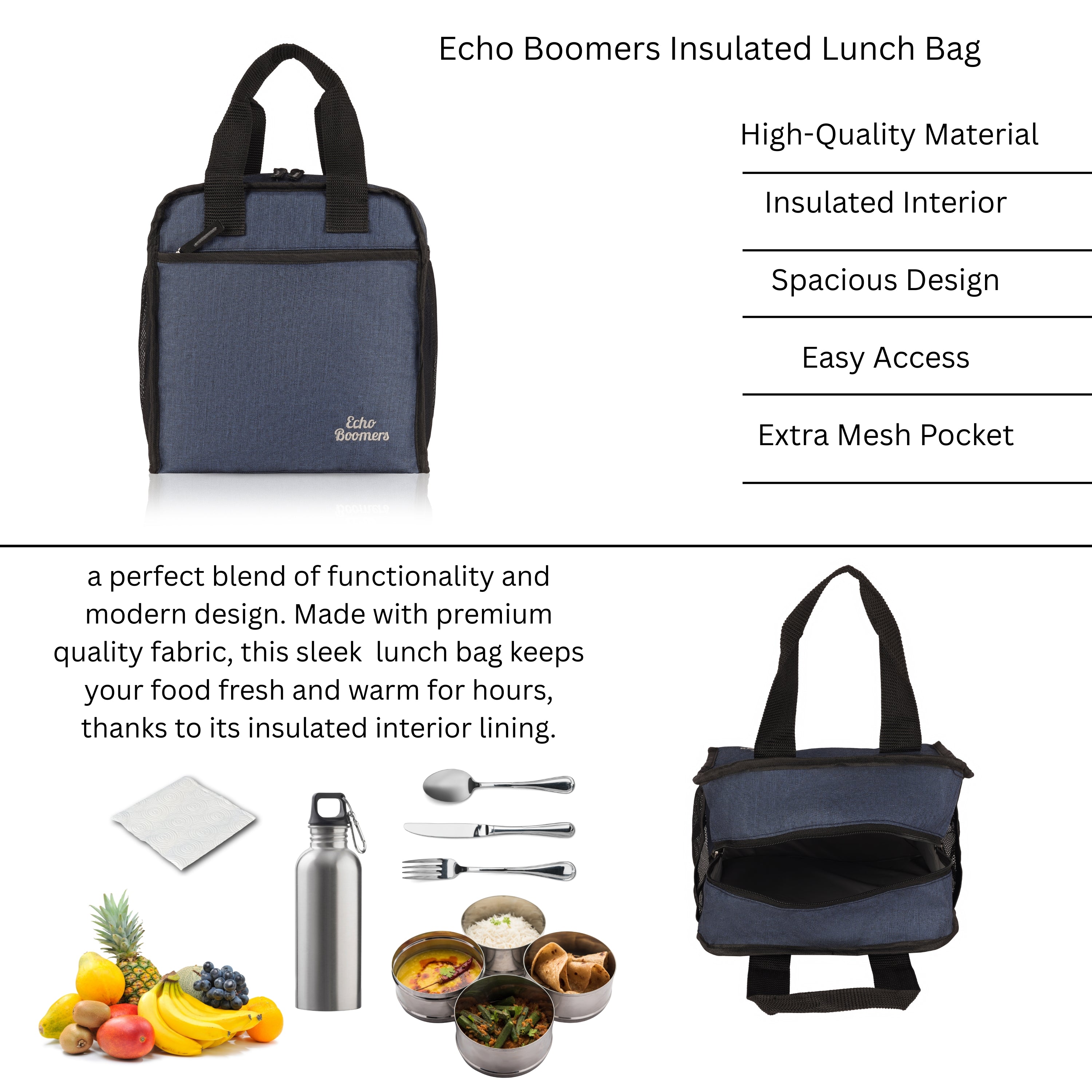Echo Boomers Premium Lunch Bag – Stylish, Lightweight, Attractive, & Durable Meal Companion and versatile bag(Navy).