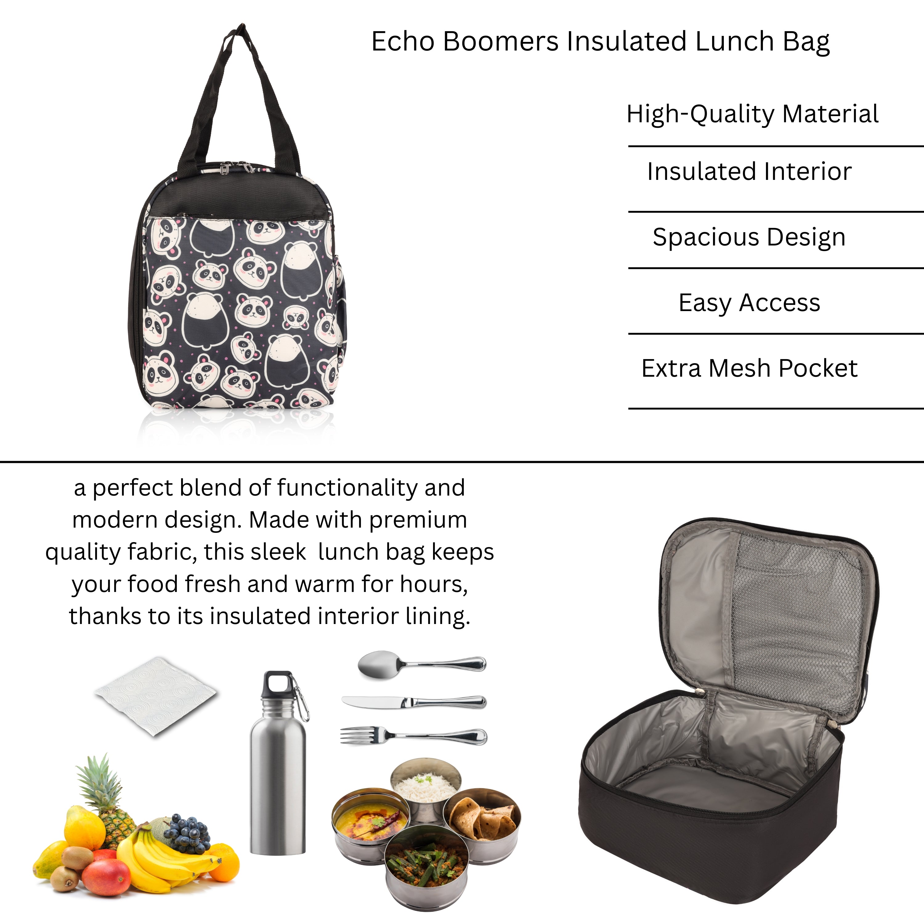 Echo Boomers Premium Panda Pint Lunch Bag – Stylish, Lightweight, Attractive, & Durable Meal Companion and versatile bag(Black).