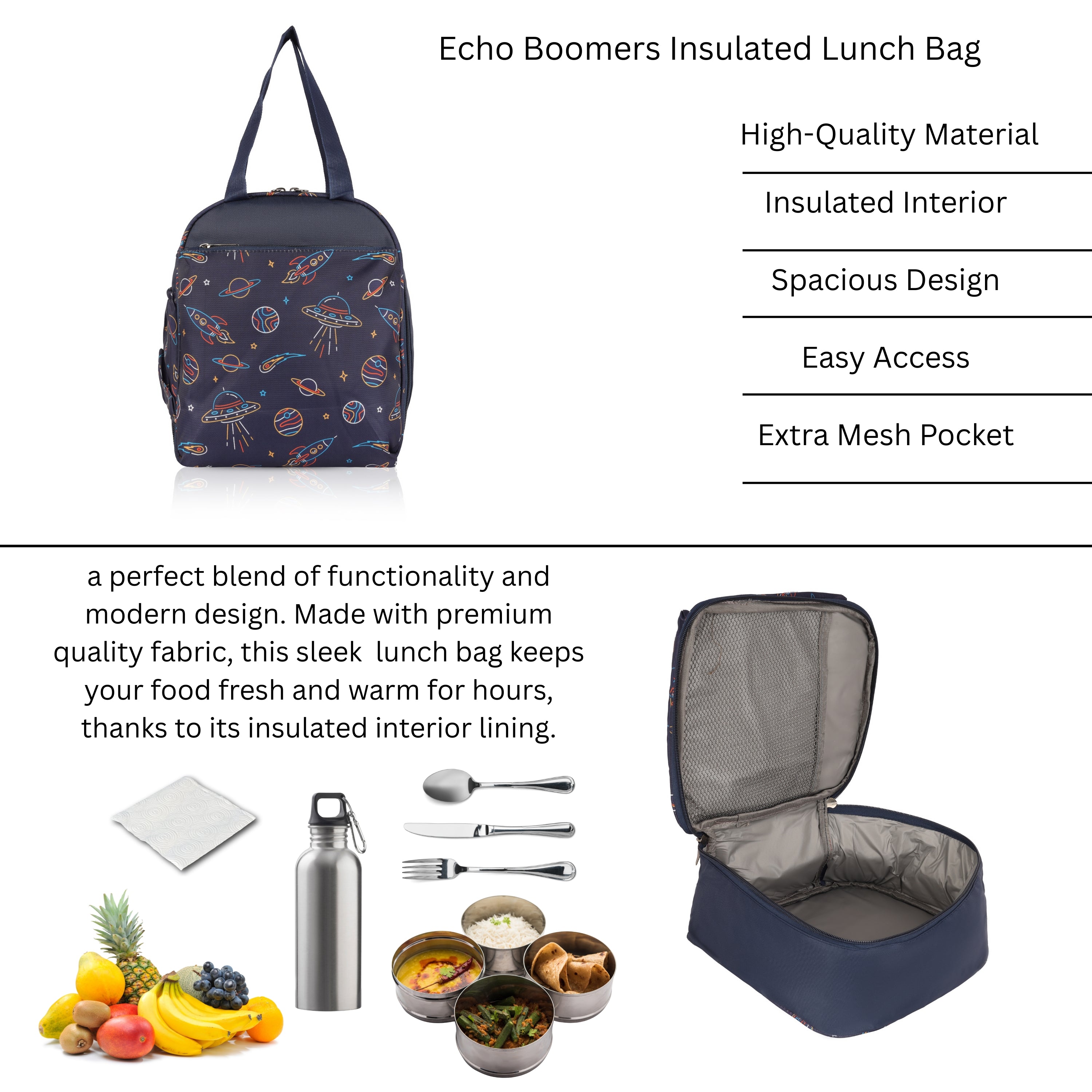 Echo Boomers Premium Space Pint Lunch Bag – Stylish, Lightweight, Attractive, & Durable Meal Companion and versatile bag(Navy).