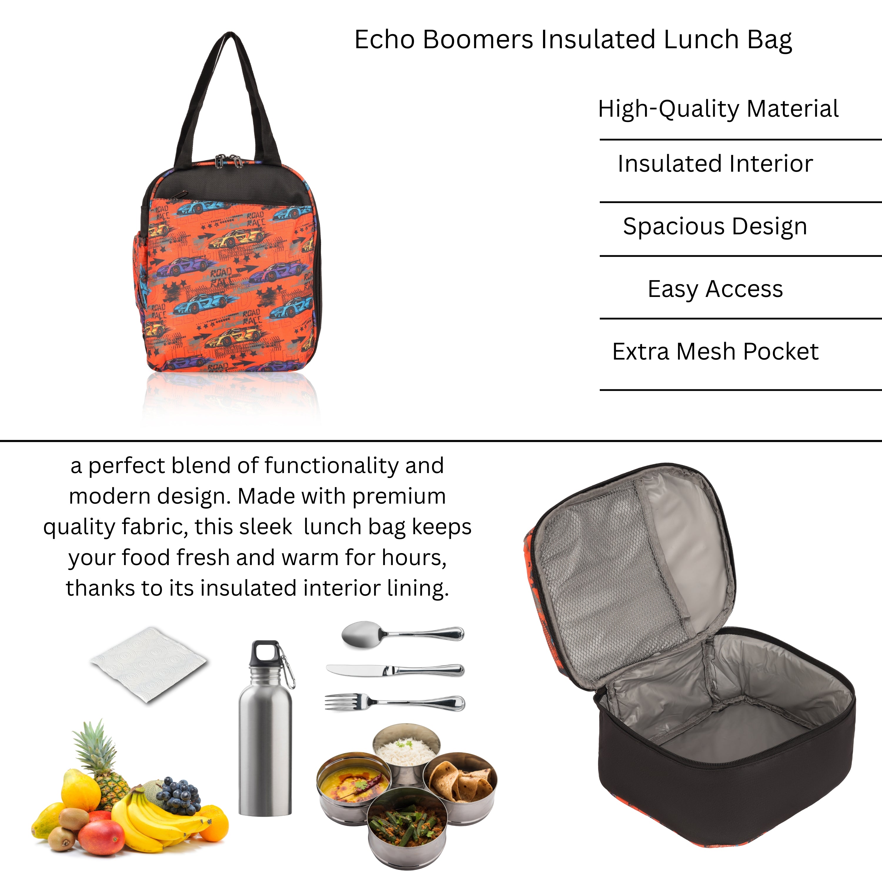 Echo Boomers Premium Car Pint Lunch Bag – Stylish, Lightweight, Attractive, & Durable Meal Companion and versatile bag(Black& Orange).